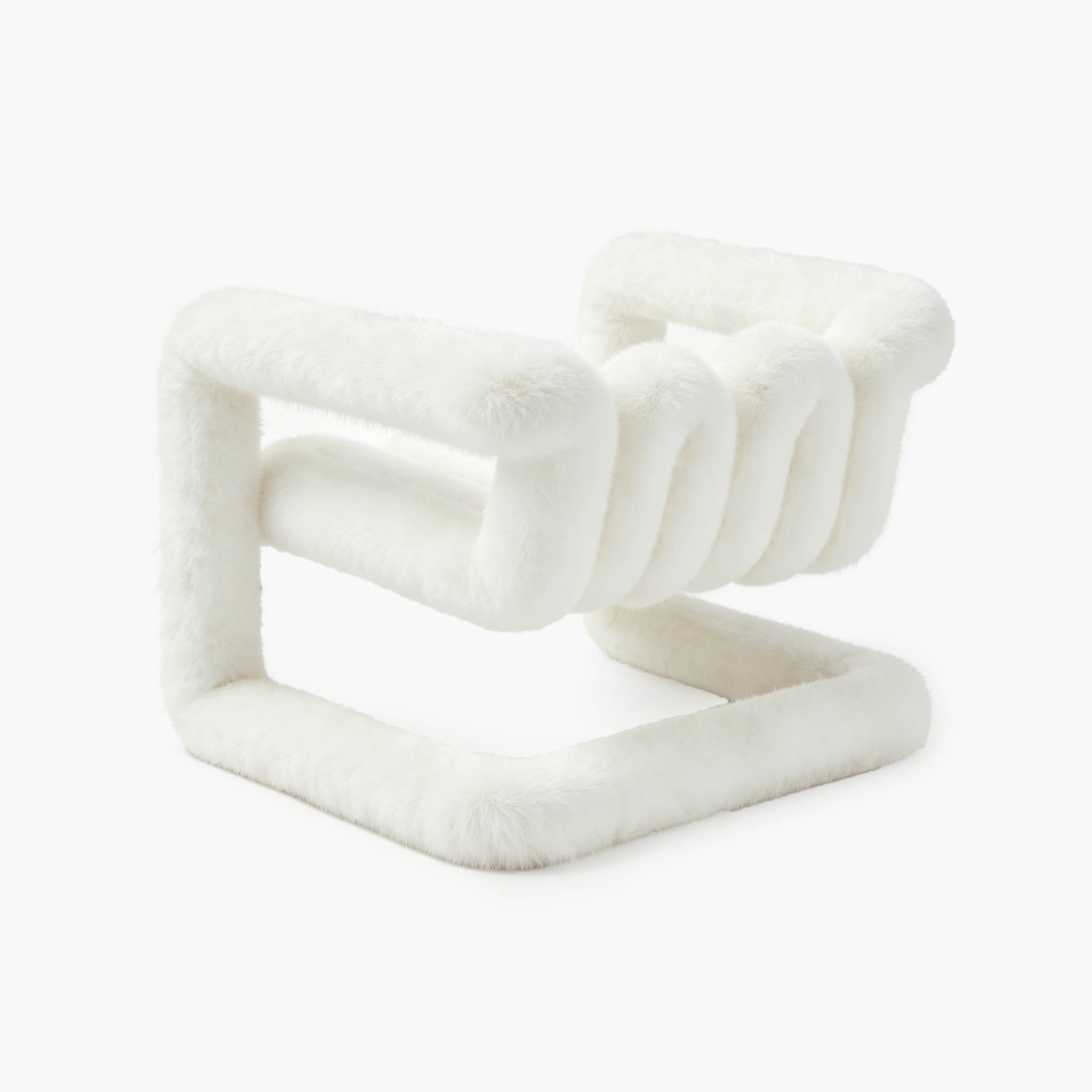 Cantilevered large accent chair in pristine white eco-fur