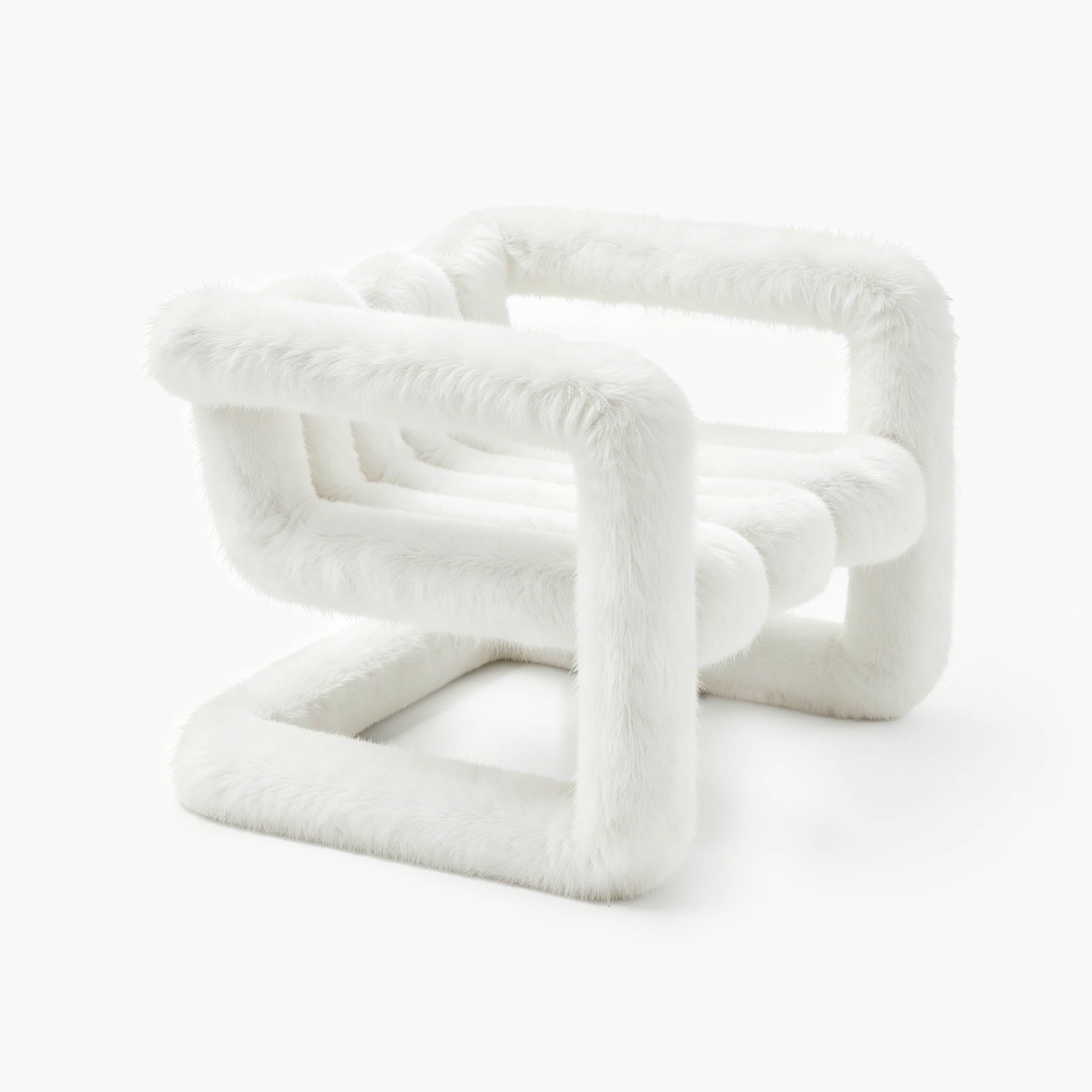 Close-up of premium white eco-fur upholstery on a large lounge chair