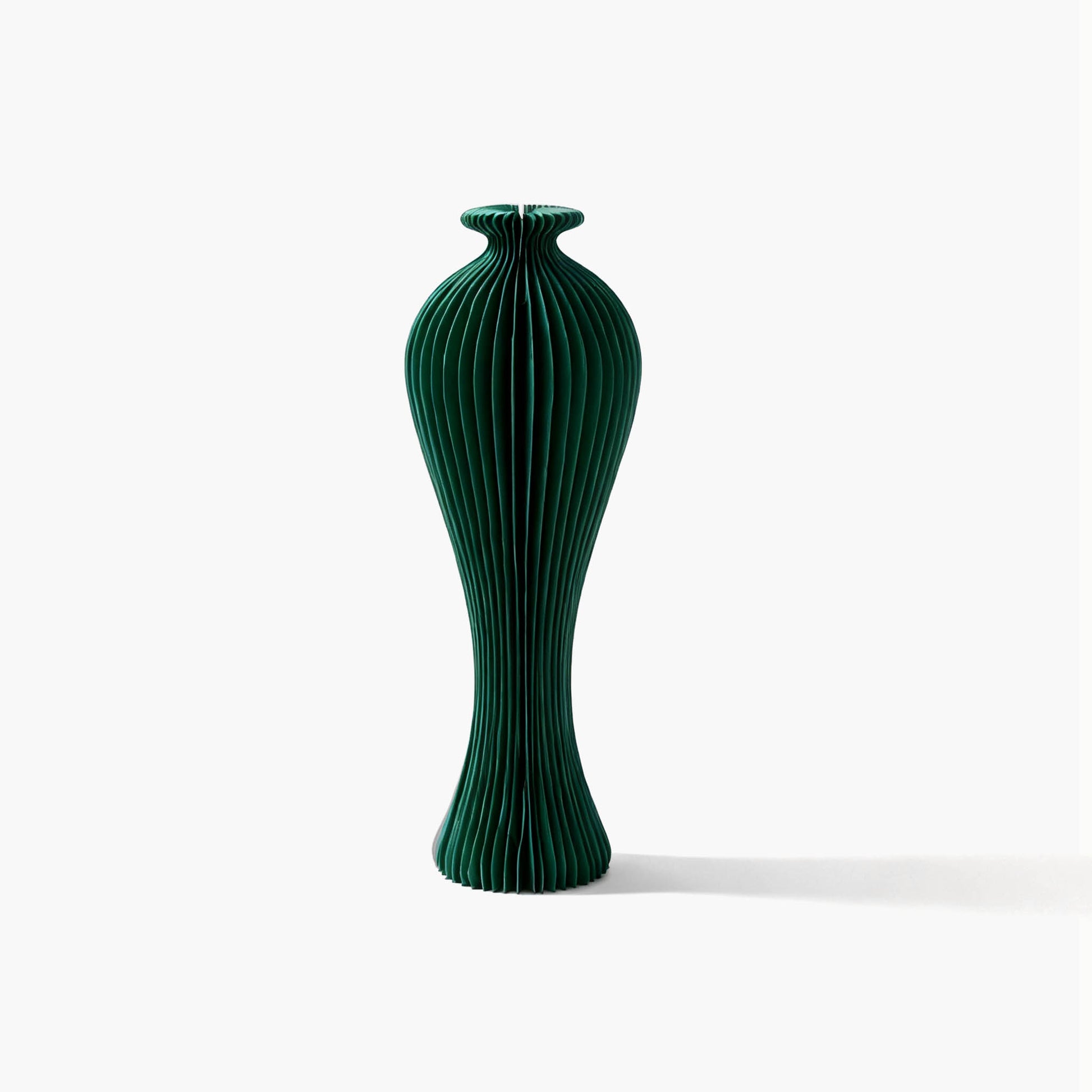 Sophisticated dark green accordion paper vase featuring a modern honeycomb structure for floral arrangements.