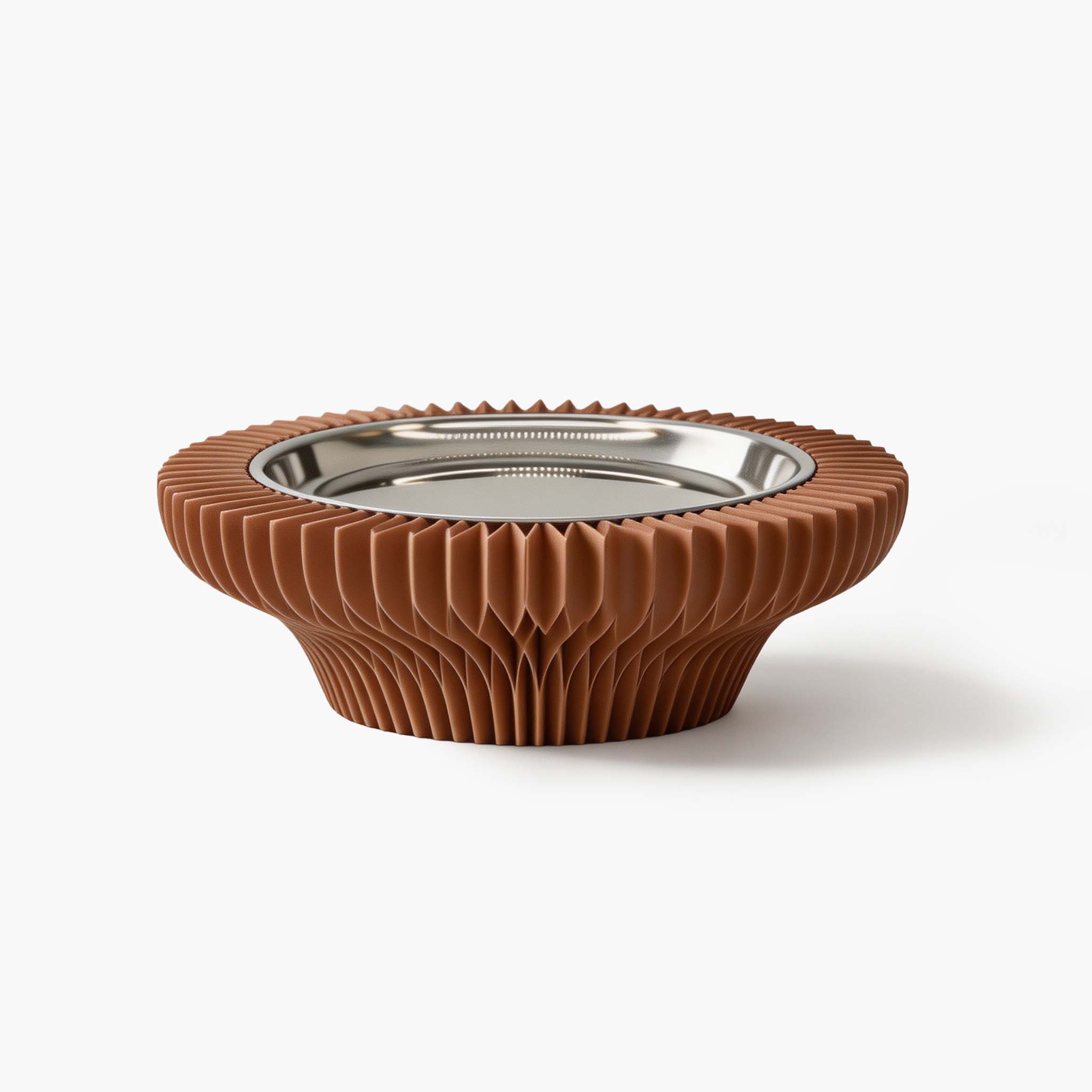 Warm brown aesthetic tabletop centerpiece blending paper craft and industrial metal.