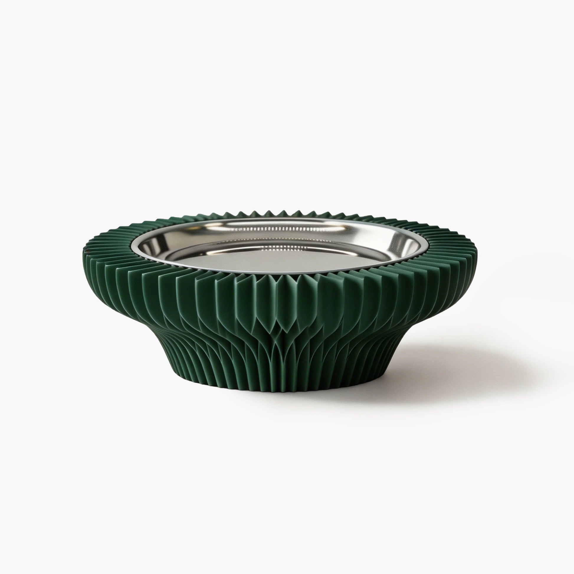 Pine green foldable kraft paper display tray showcasing geometric structural beauty.