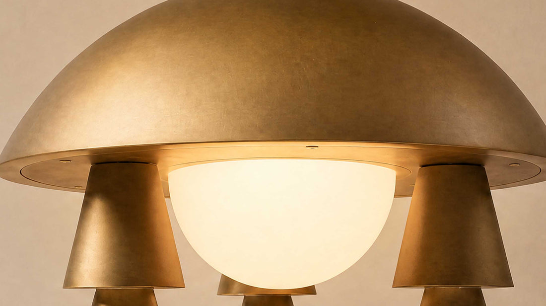 The striking visual contrast between the fine brass details and the special aged cast aluminium surface on the artamore table lamp.