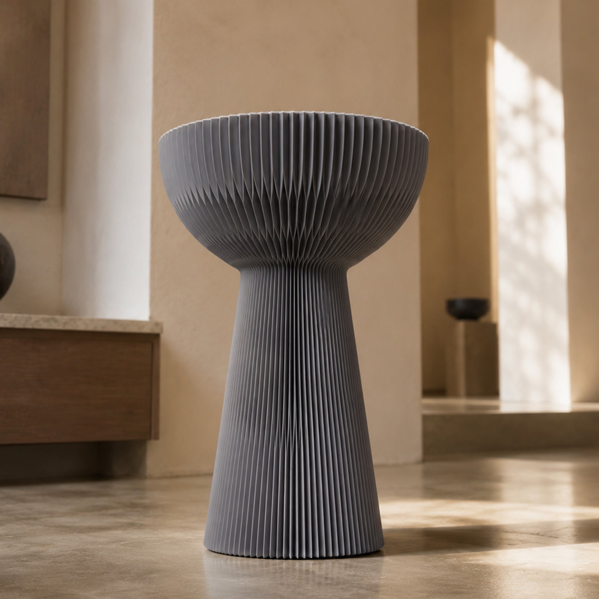 Grey Bouquet Side Table B showing its floral-inspired silhouette and pleated honeycomb paper structure.