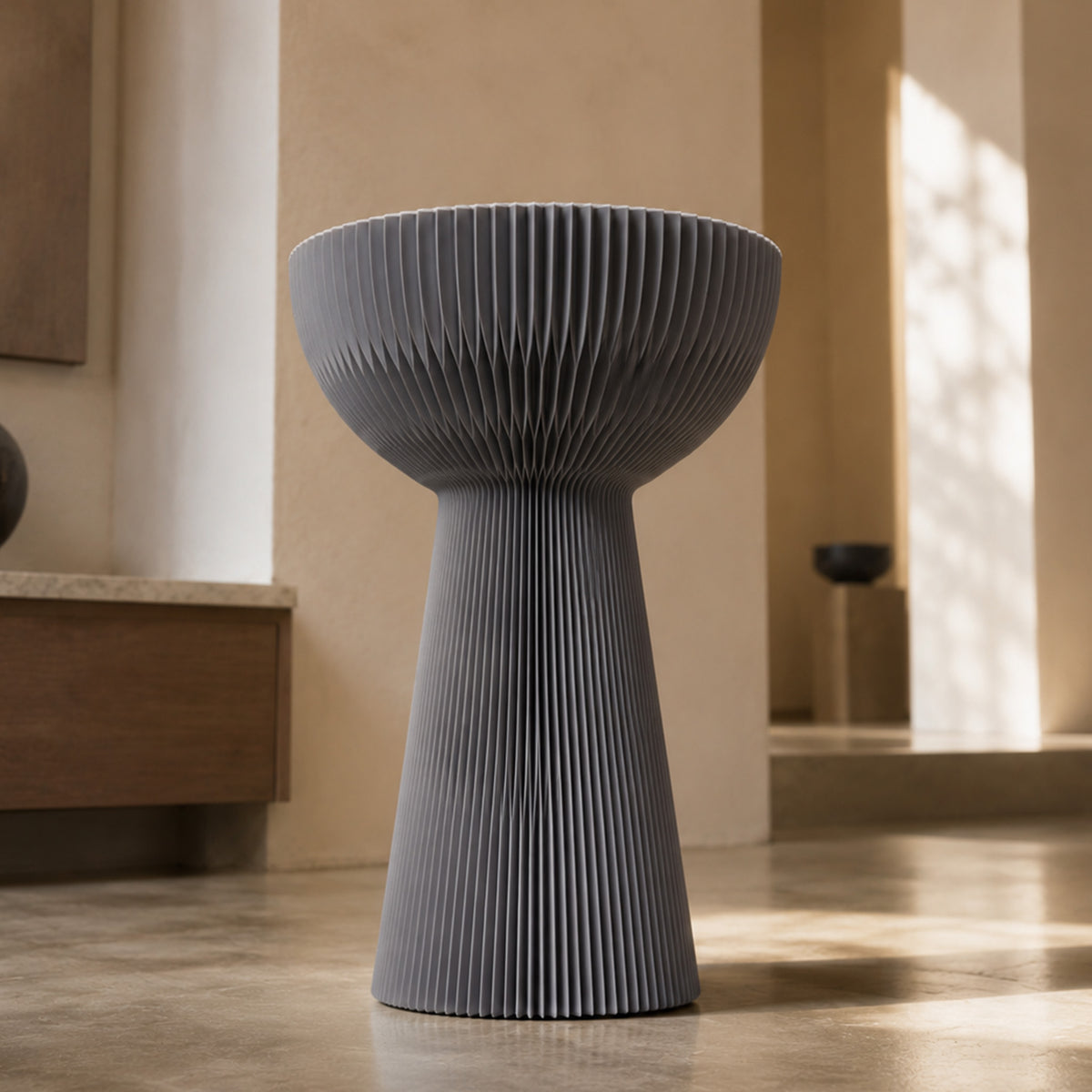 Grey Bouquet Side Table B showing its floral-inspired silhouette and pleated honeycomb paper structure.