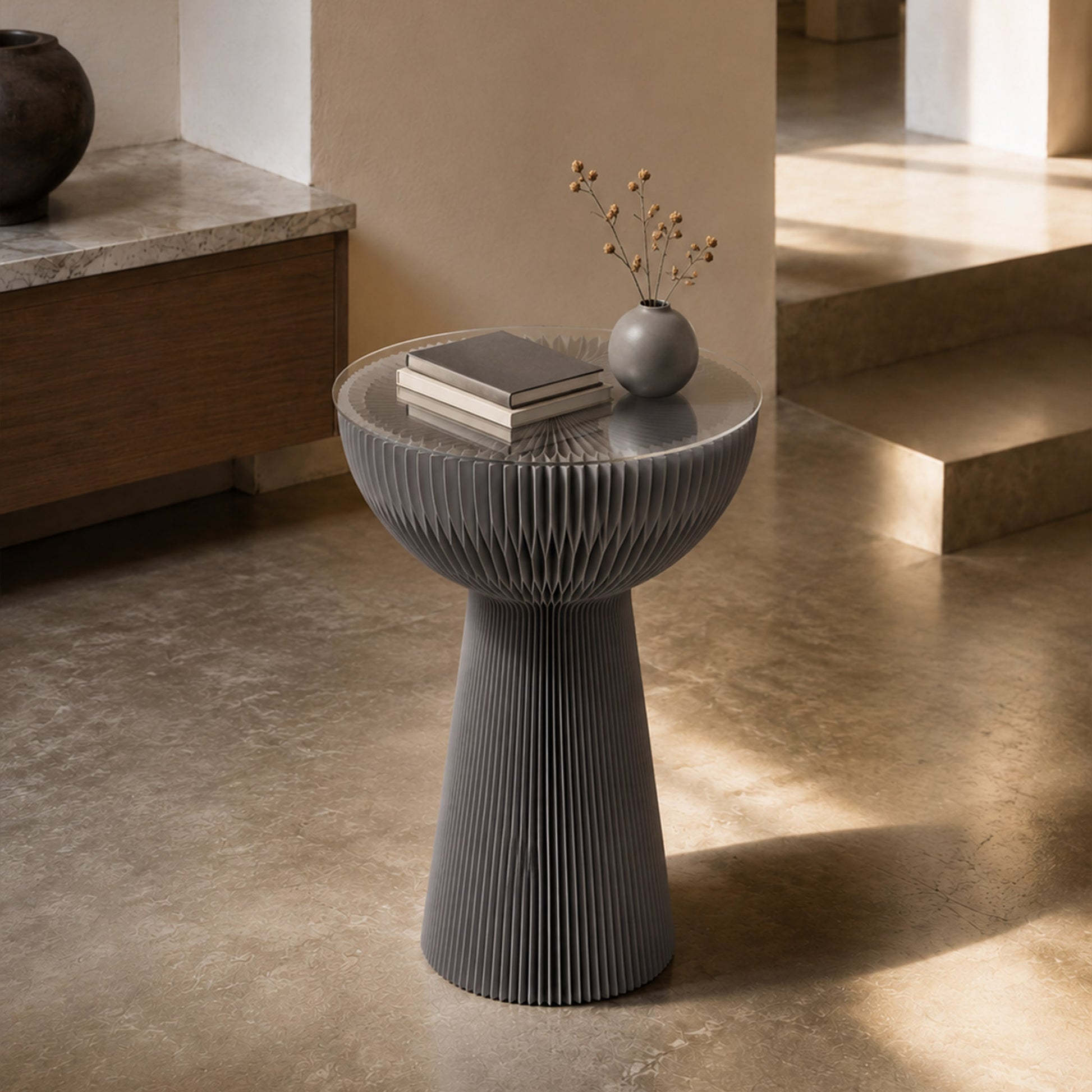 Grey Bouquet Side Table B styled with books and a vase in a warm contemporary interior.