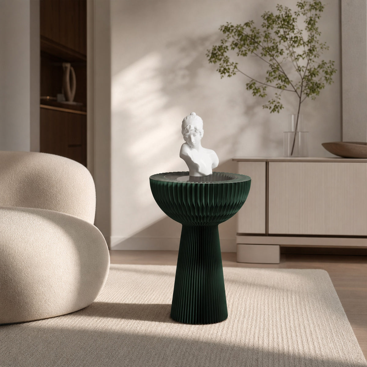 Pine green Bouquet Side Table B with sculptural bust in a contemporary living room.