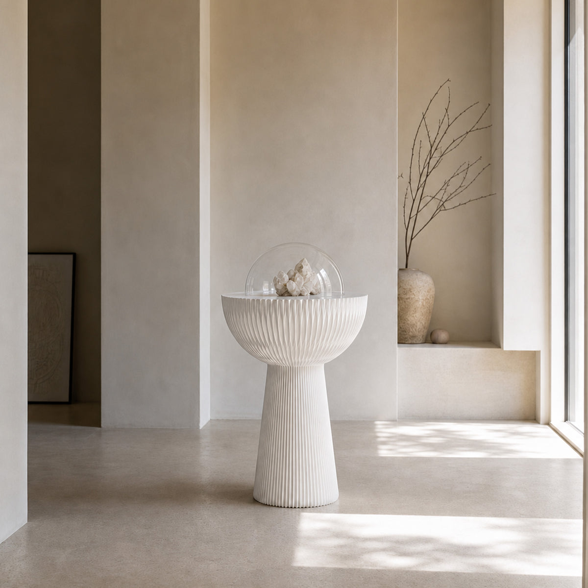 White Bouquet Side Table B with a clear acrylic dome displaying a sculptural decorative object.