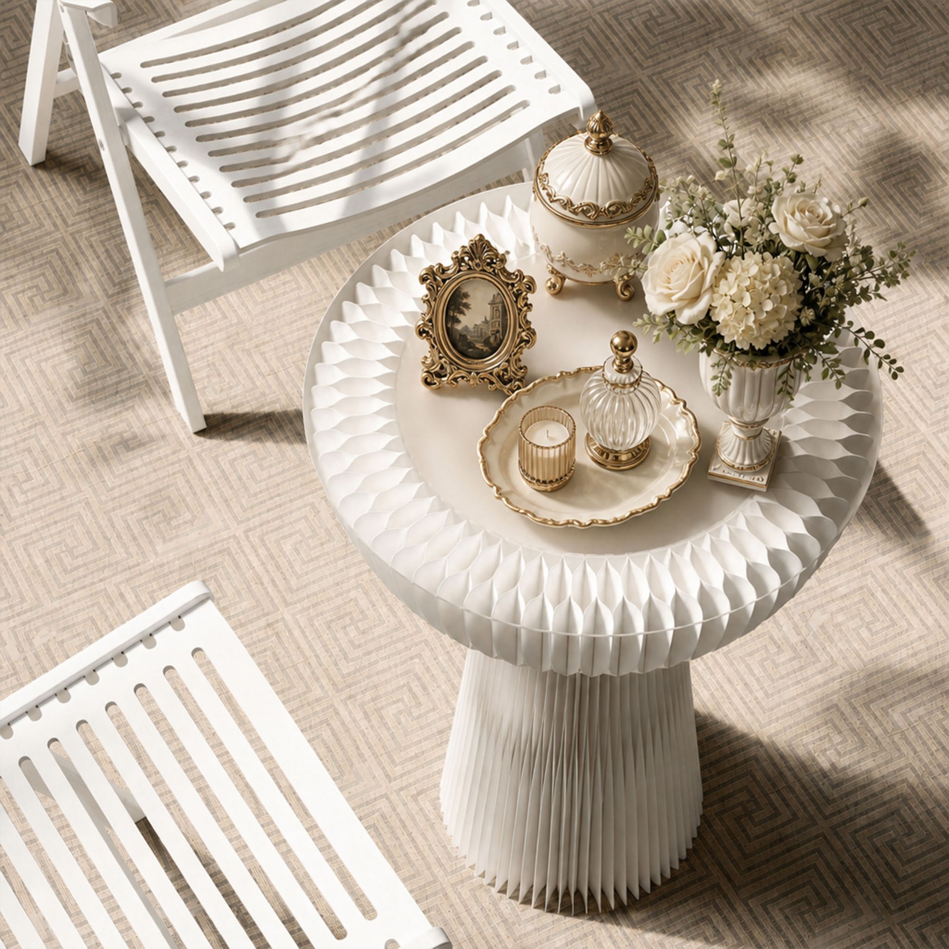 White Bouquet Side Table B styled with flowers, candle and decorative objects in a bright interior.
