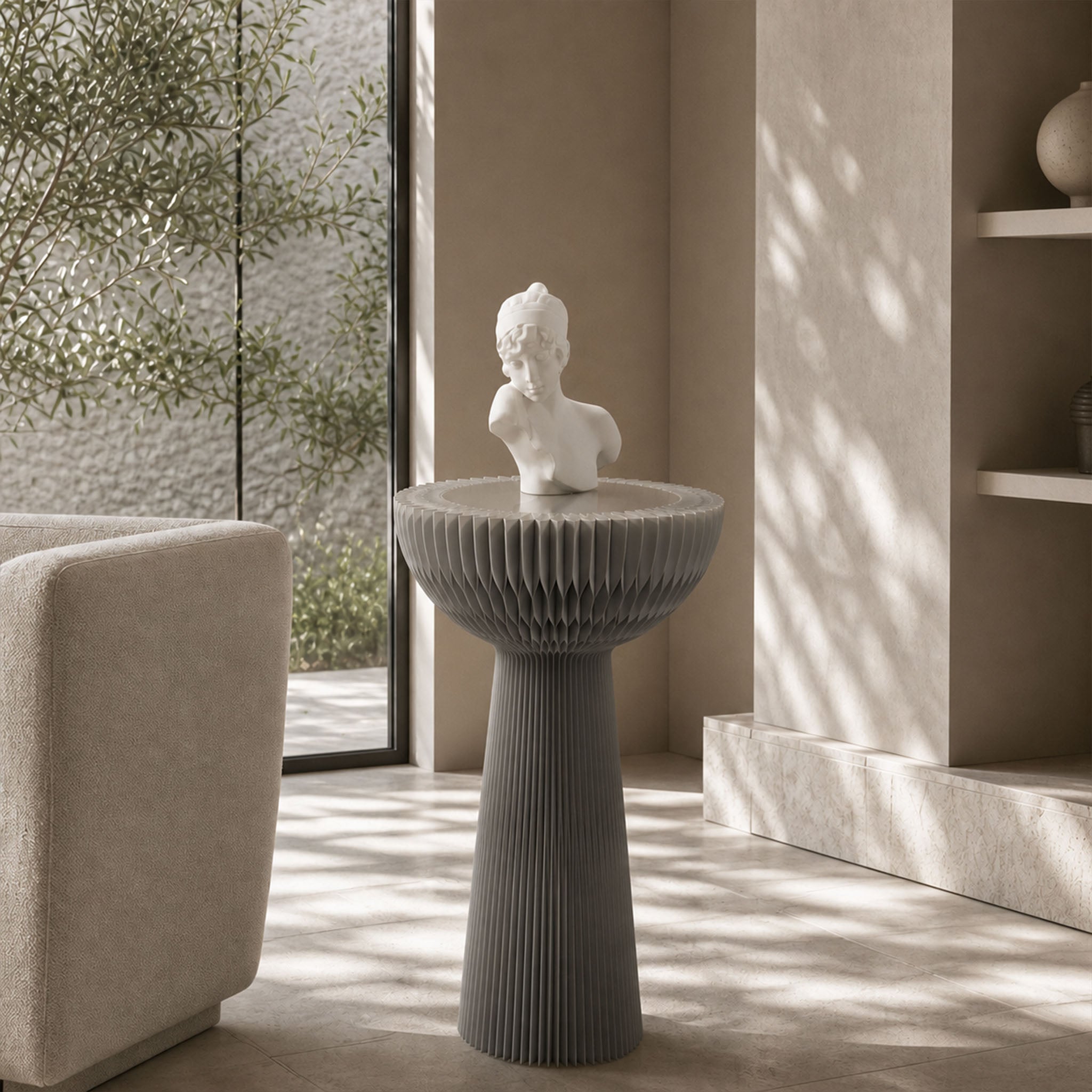 Grey Bouquet Side Table C used as a sculptural display pedestal with a classical bust in a modern interior.
