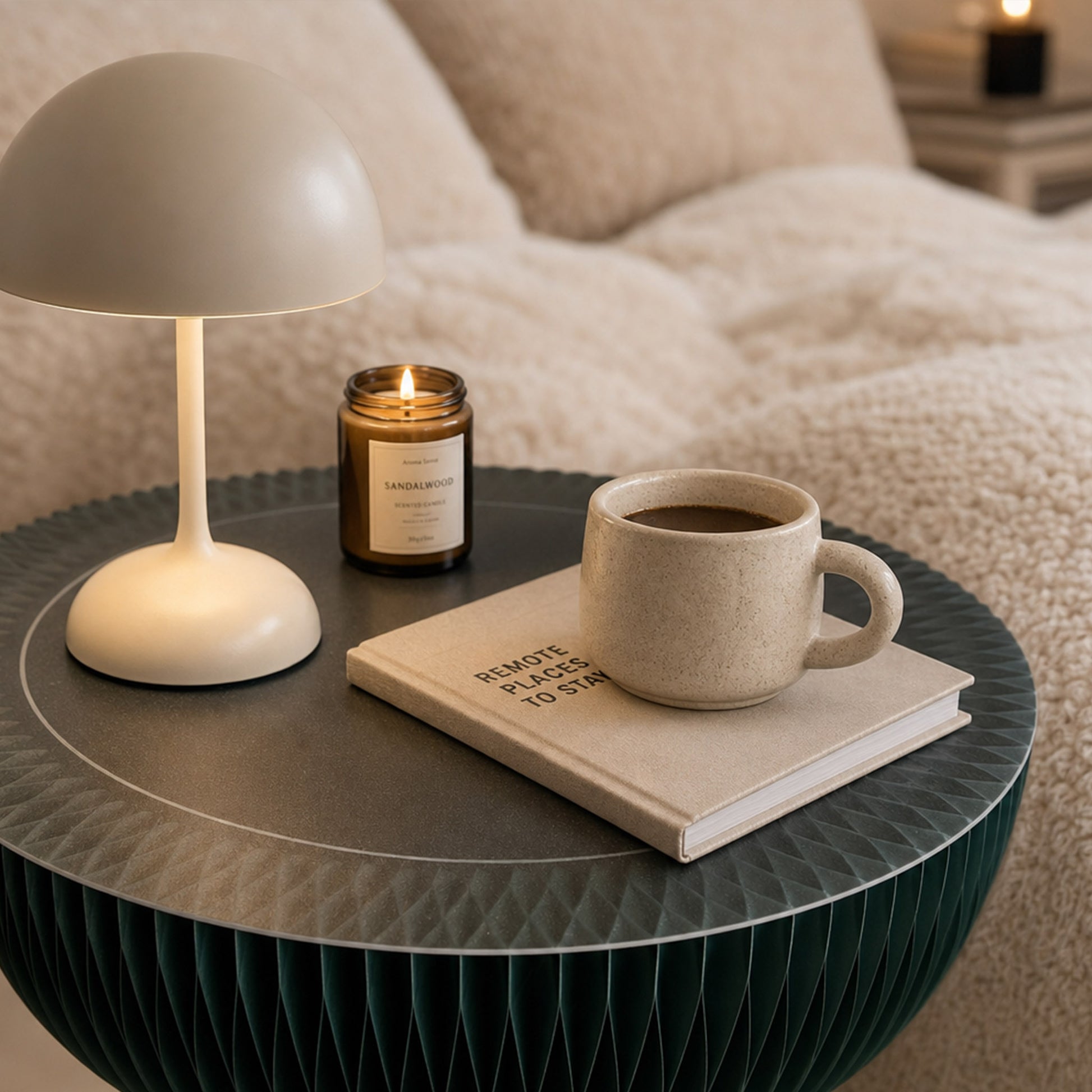 Pine green Bouquet Side Table C styled beside a bed with a table lamp, candle, coffee mug and book.