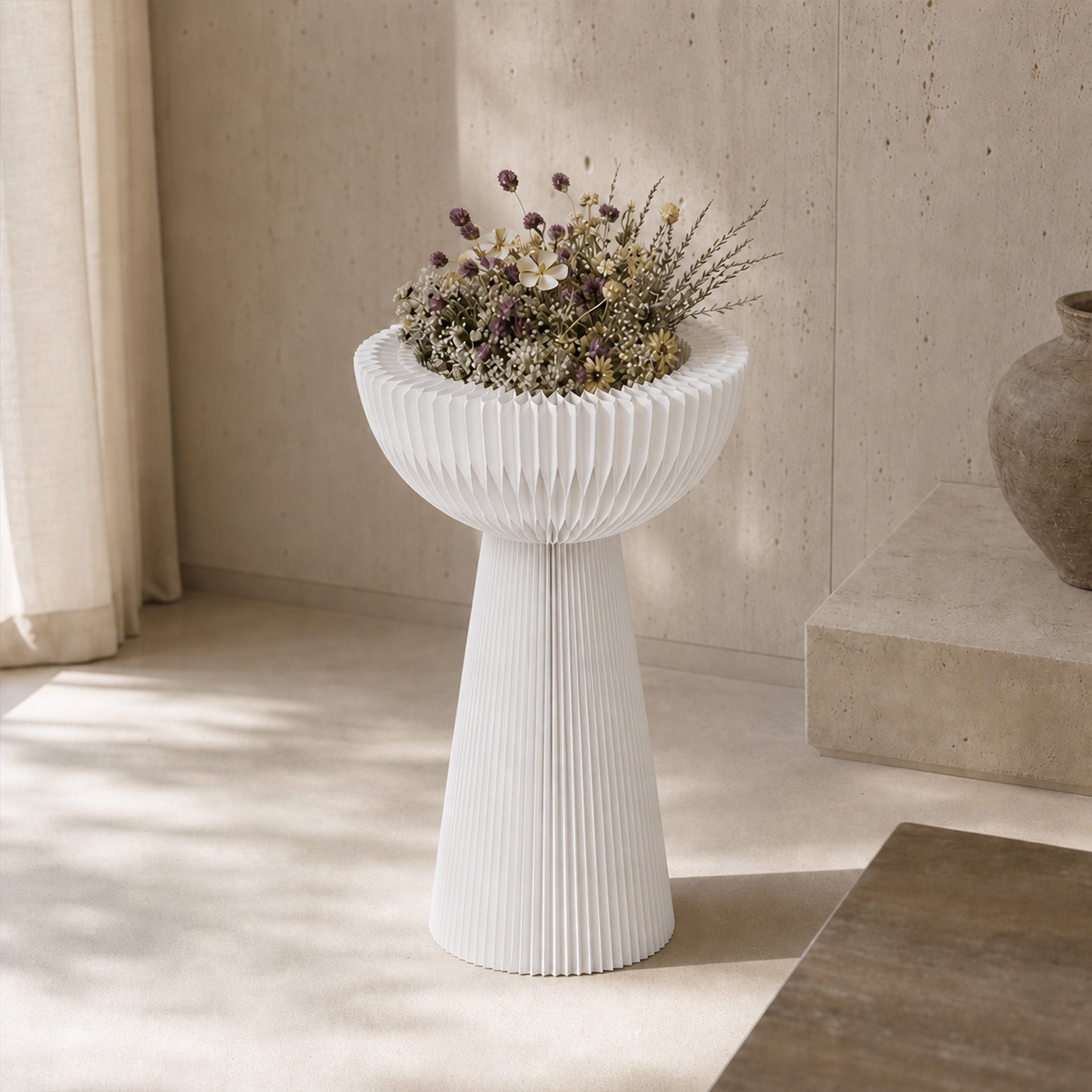 White Bouquet Side Table C used as a decorative flower pedestal with a bouquet in a softly lit contemporary interior.