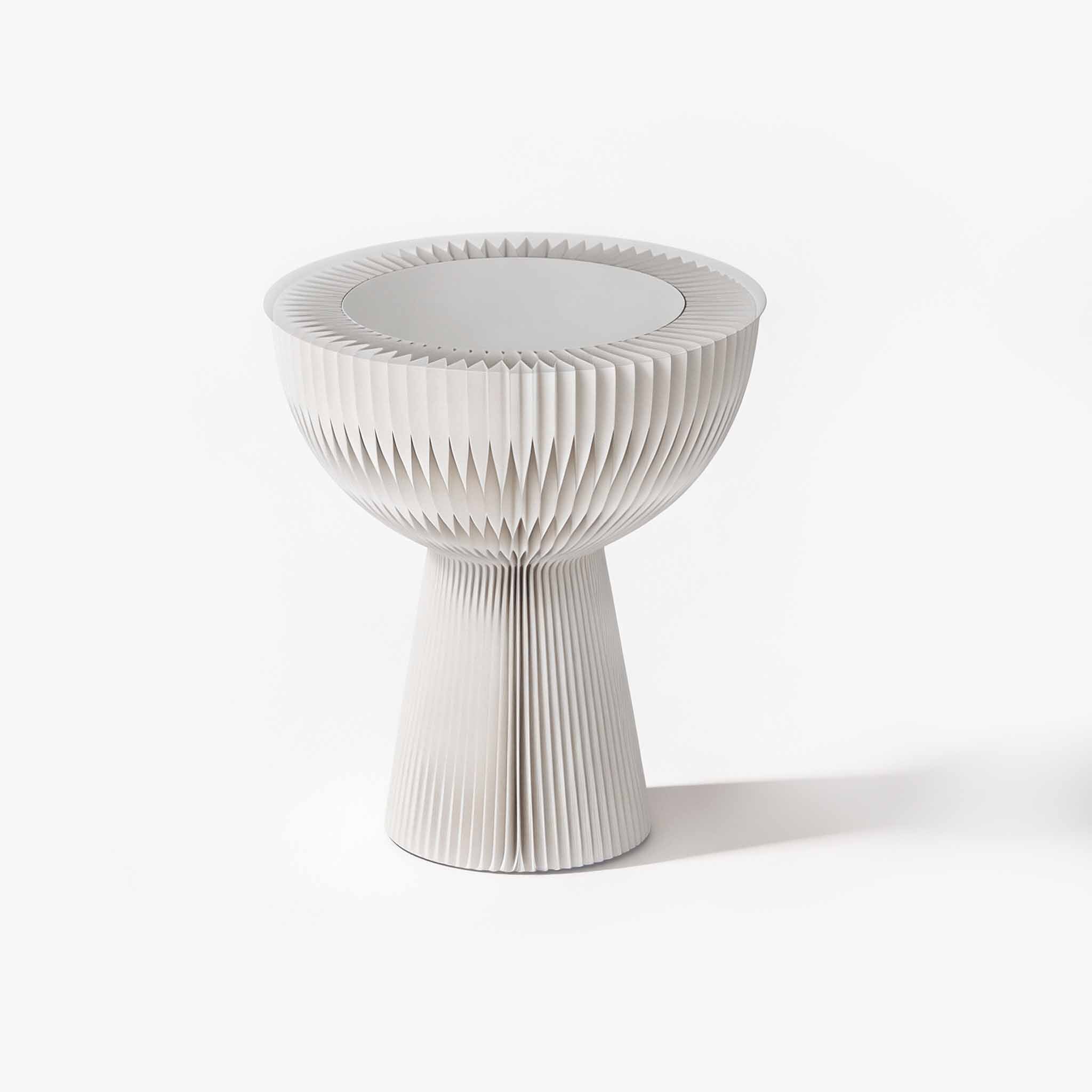 Minimalist white bouquet accordion side table featuring a frosted acrylic top for an elegant living room.