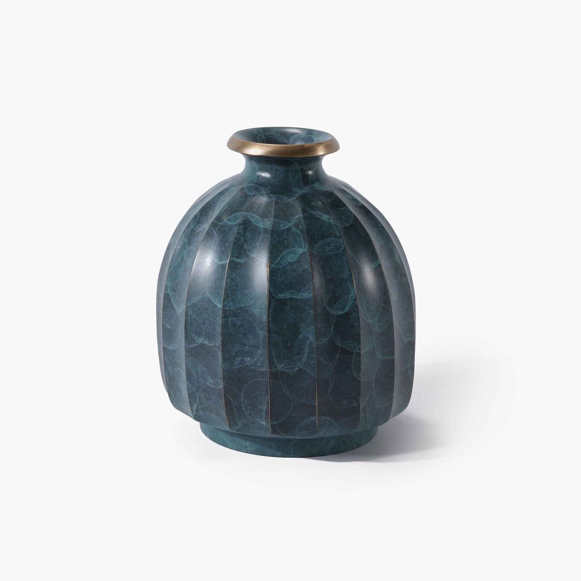 Sophisticated blue brass lantern vase crafted with traditional thermal coloration.