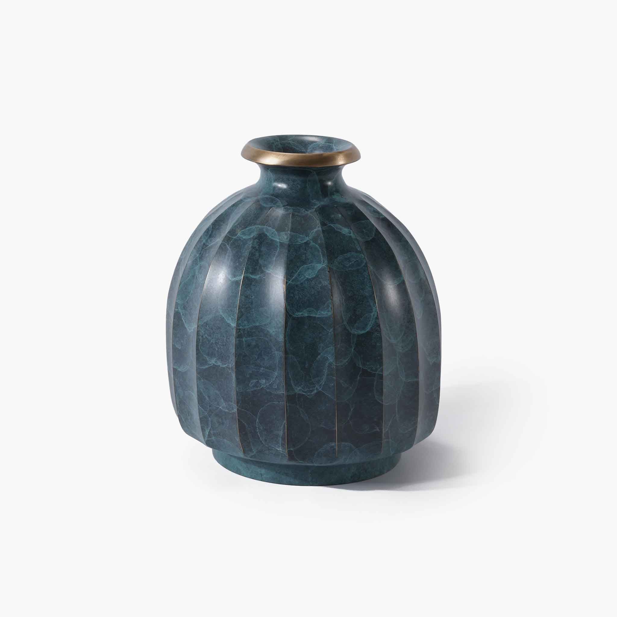 Sophisticated blue brass lantern vase crafted with traditional thermal coloration.