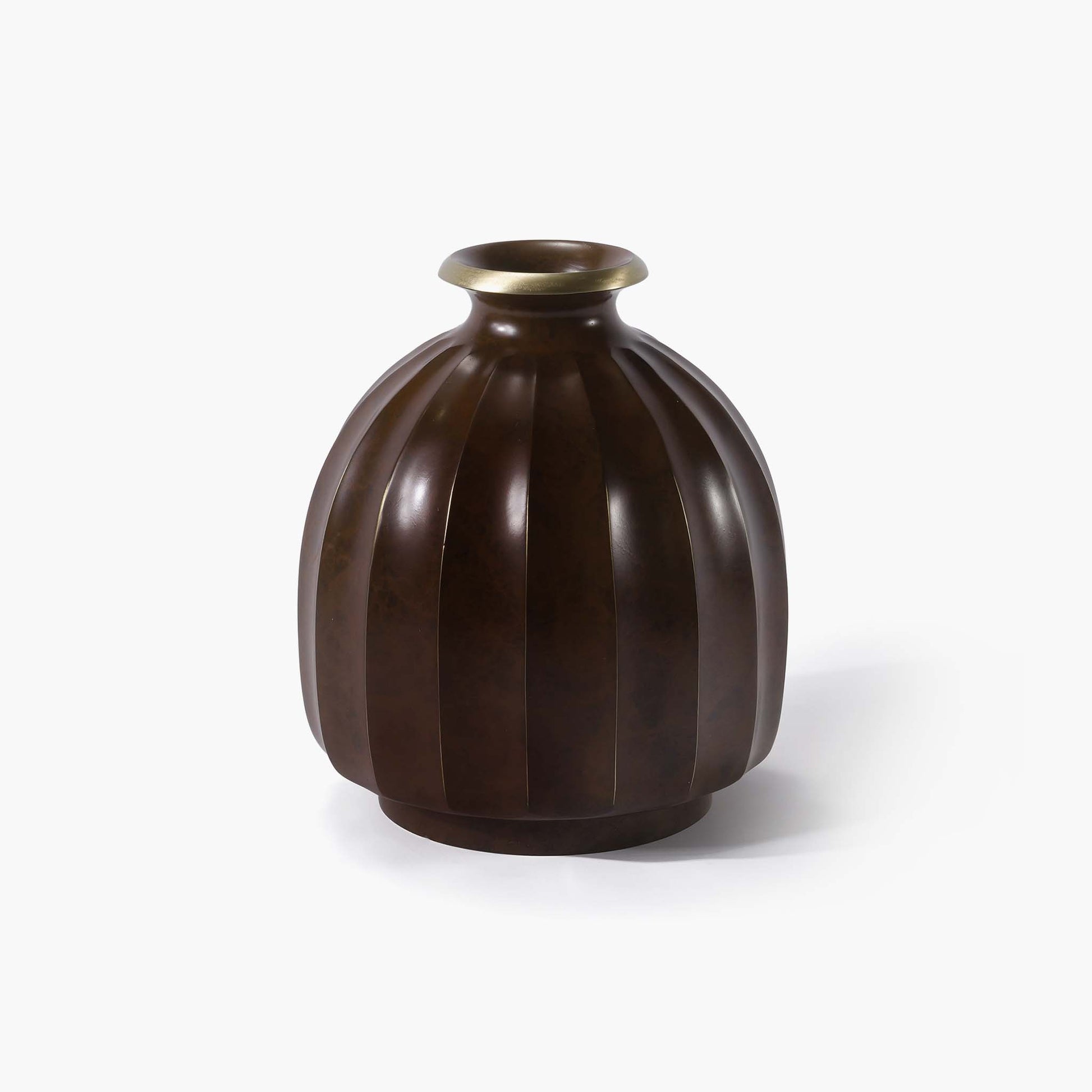 Solid bronze brown brass vase with a rounded lantern silhouette for minimalist spaces