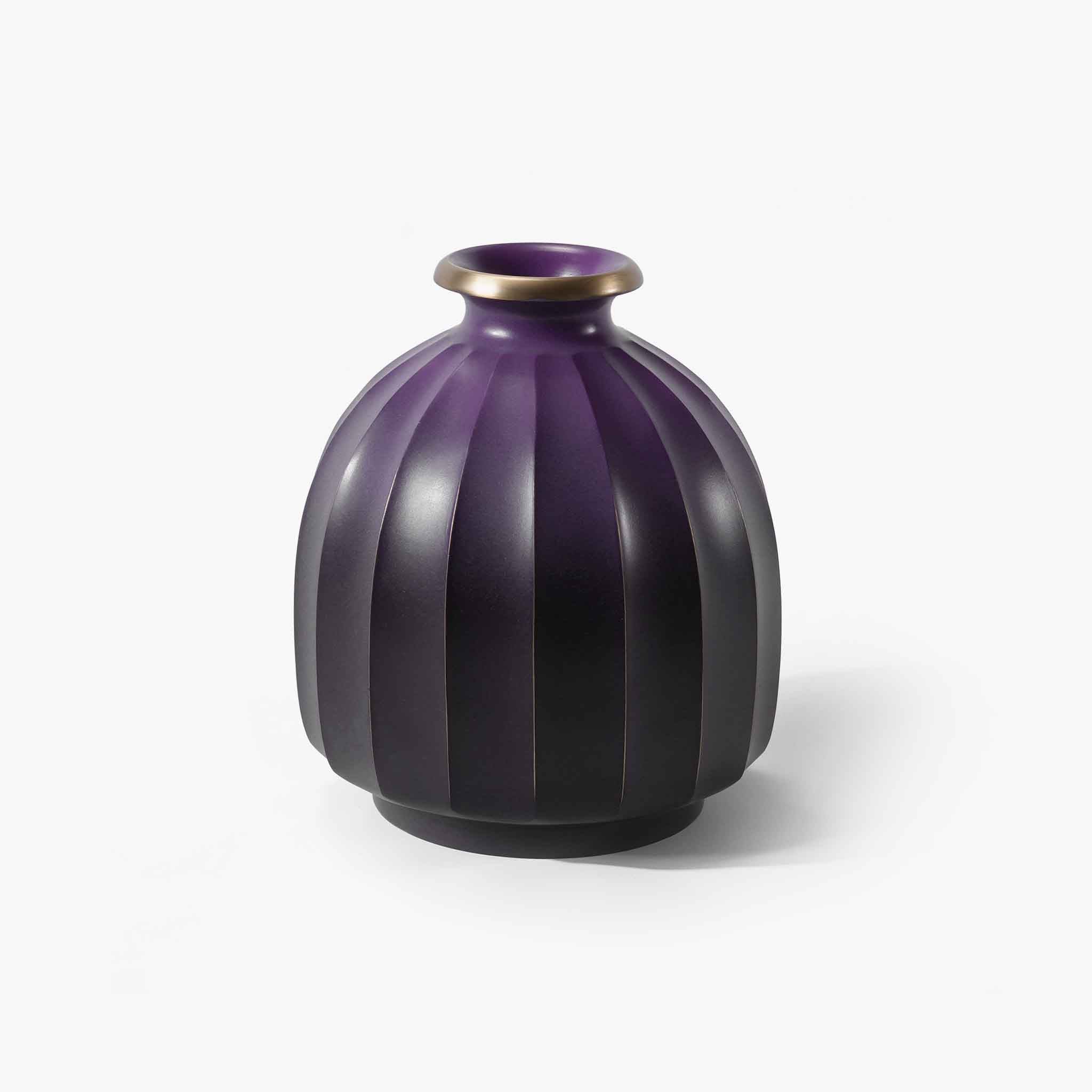 Elegant plum purple solid brass lantern vase featuring artisanal thermal coloration.