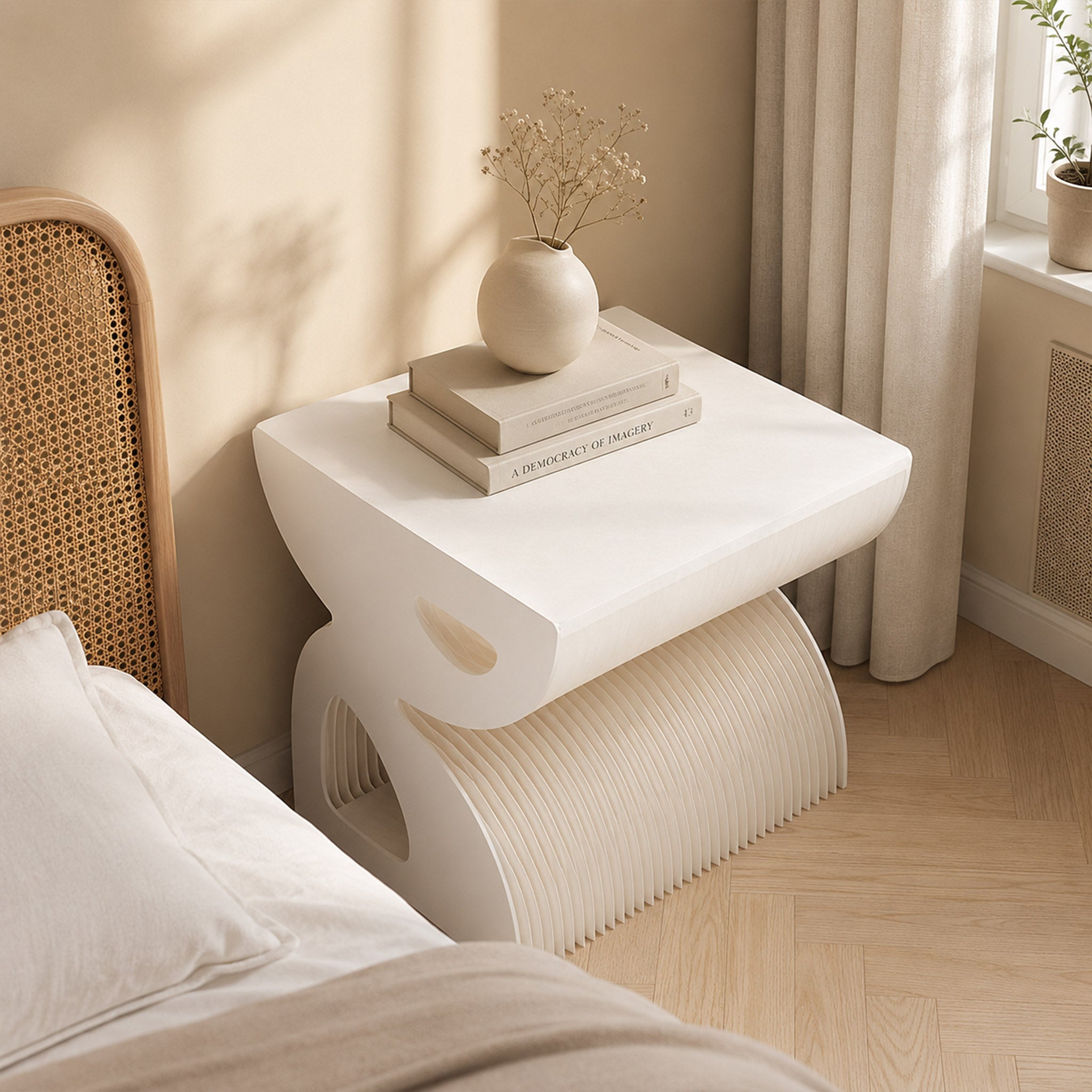 Large white BUTTERFLY foldable bedside table with books and a ceramic vase in a sunlit neutral bedroom.