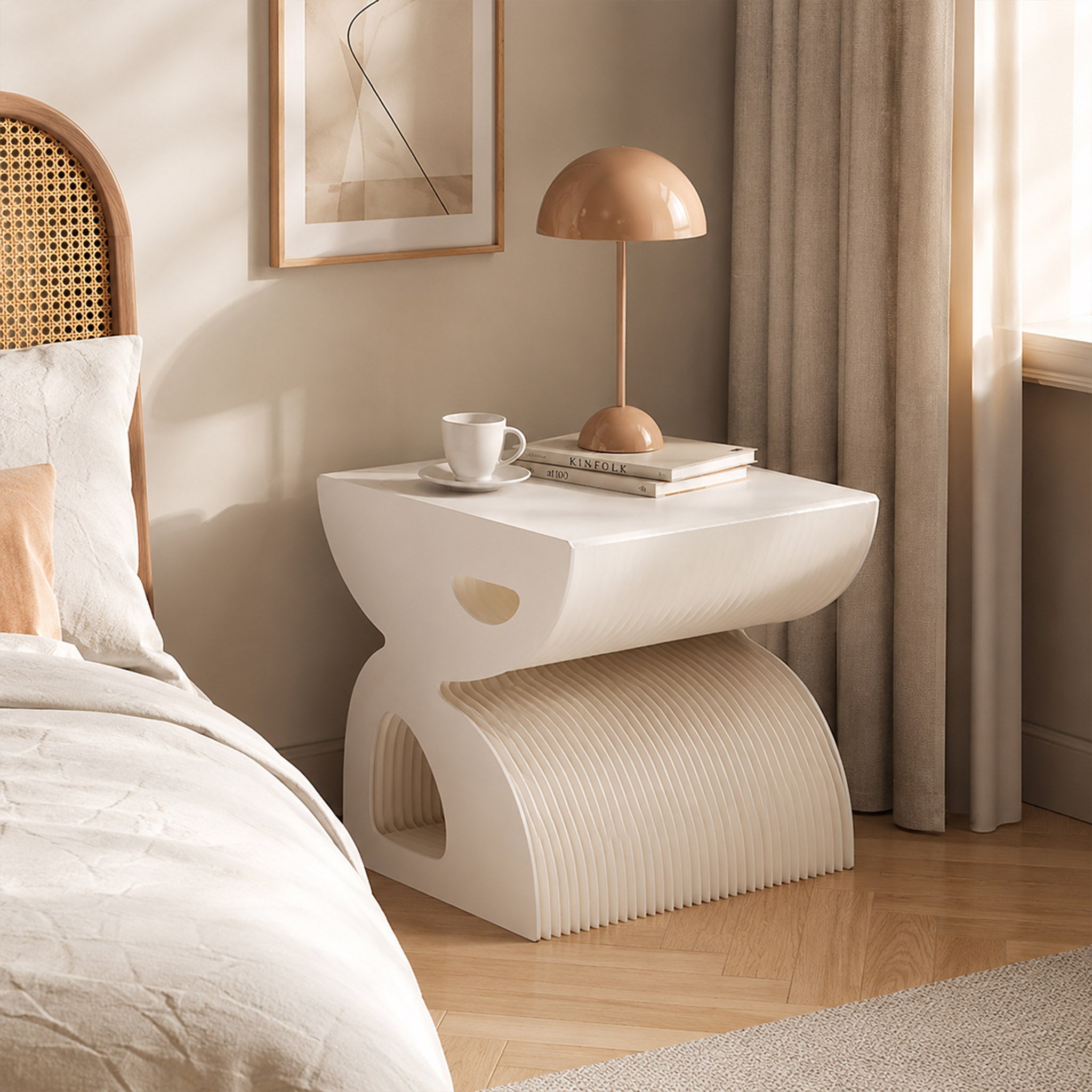 Large white BUTTERFLY foldable side cabinet with a honeycomb kraft paper structure and clear acrylic top styled beside a bed.