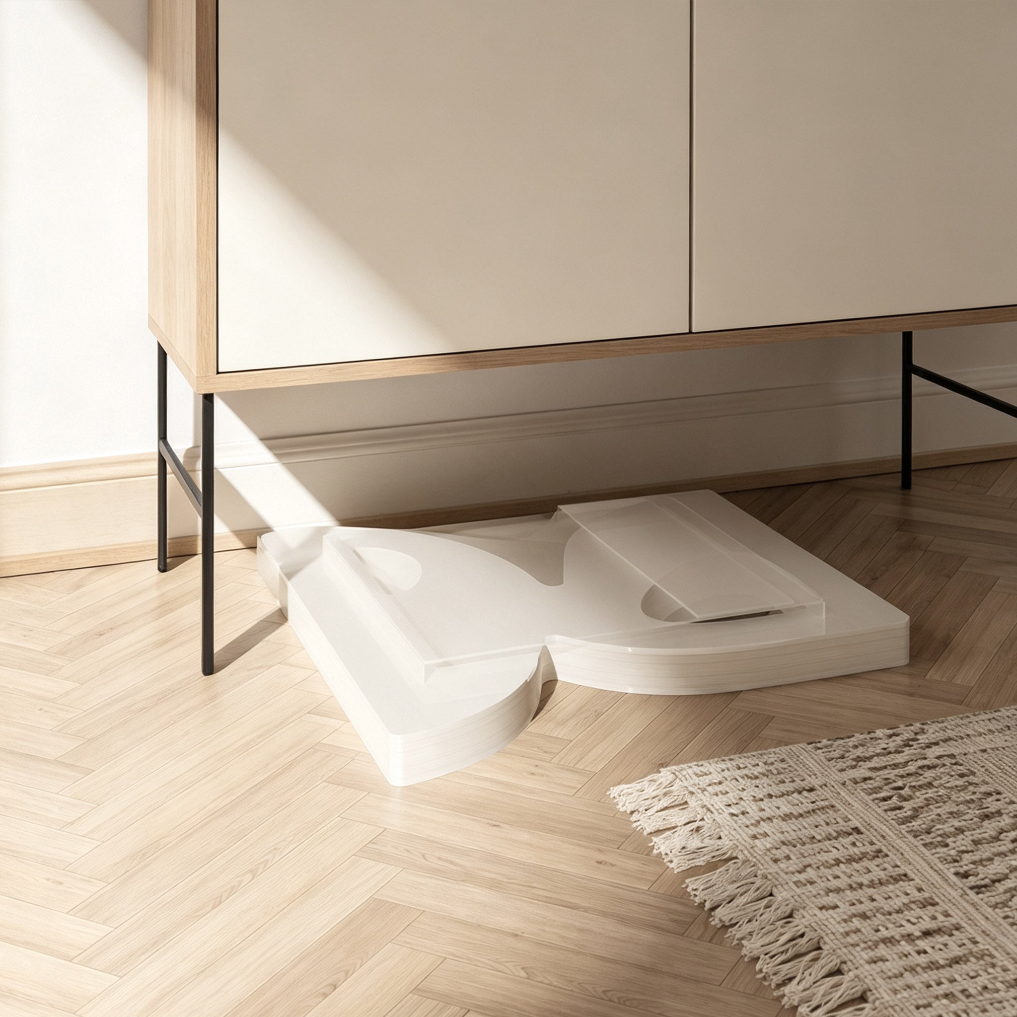 Small BUTTERFLY foldable side table stored flat beneath a cabinet in a modern interior.