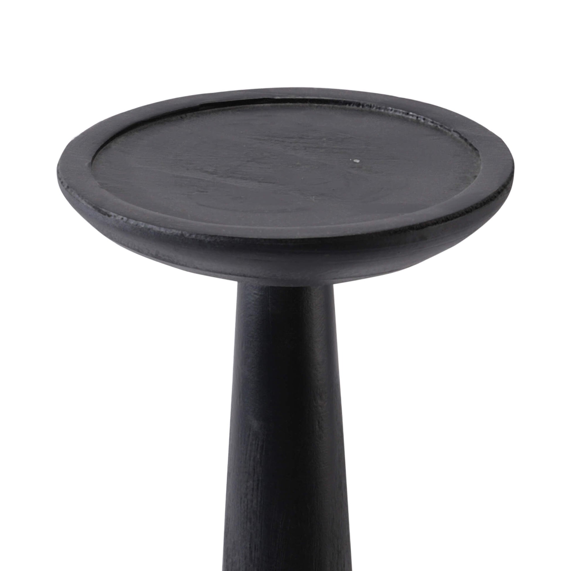 Close up detail of the carbonized wood candlestick top plate showcasing vintage distressed texture