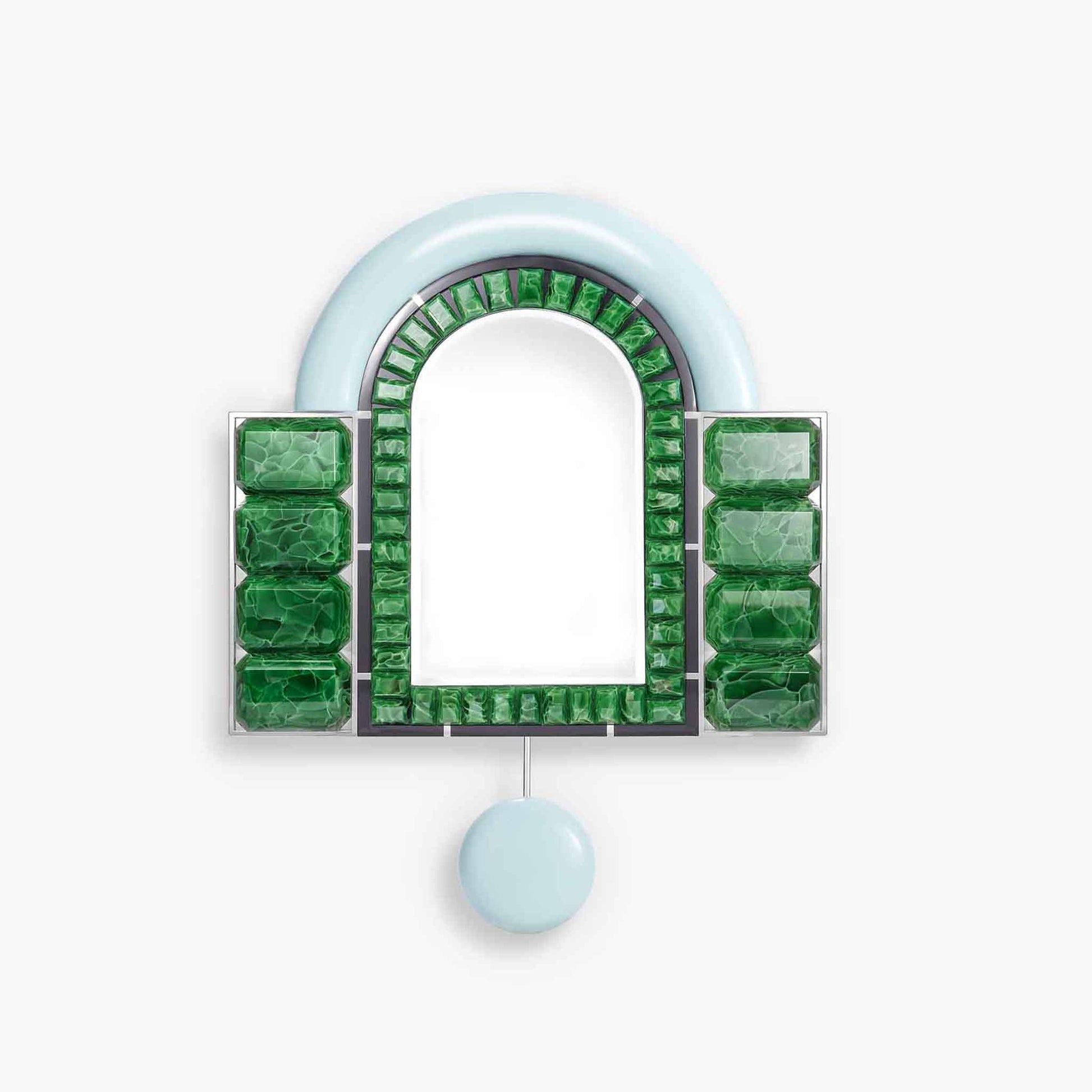 Designer recycled glass wall mirror with emerald Art Deco frame by ARTAMORE.