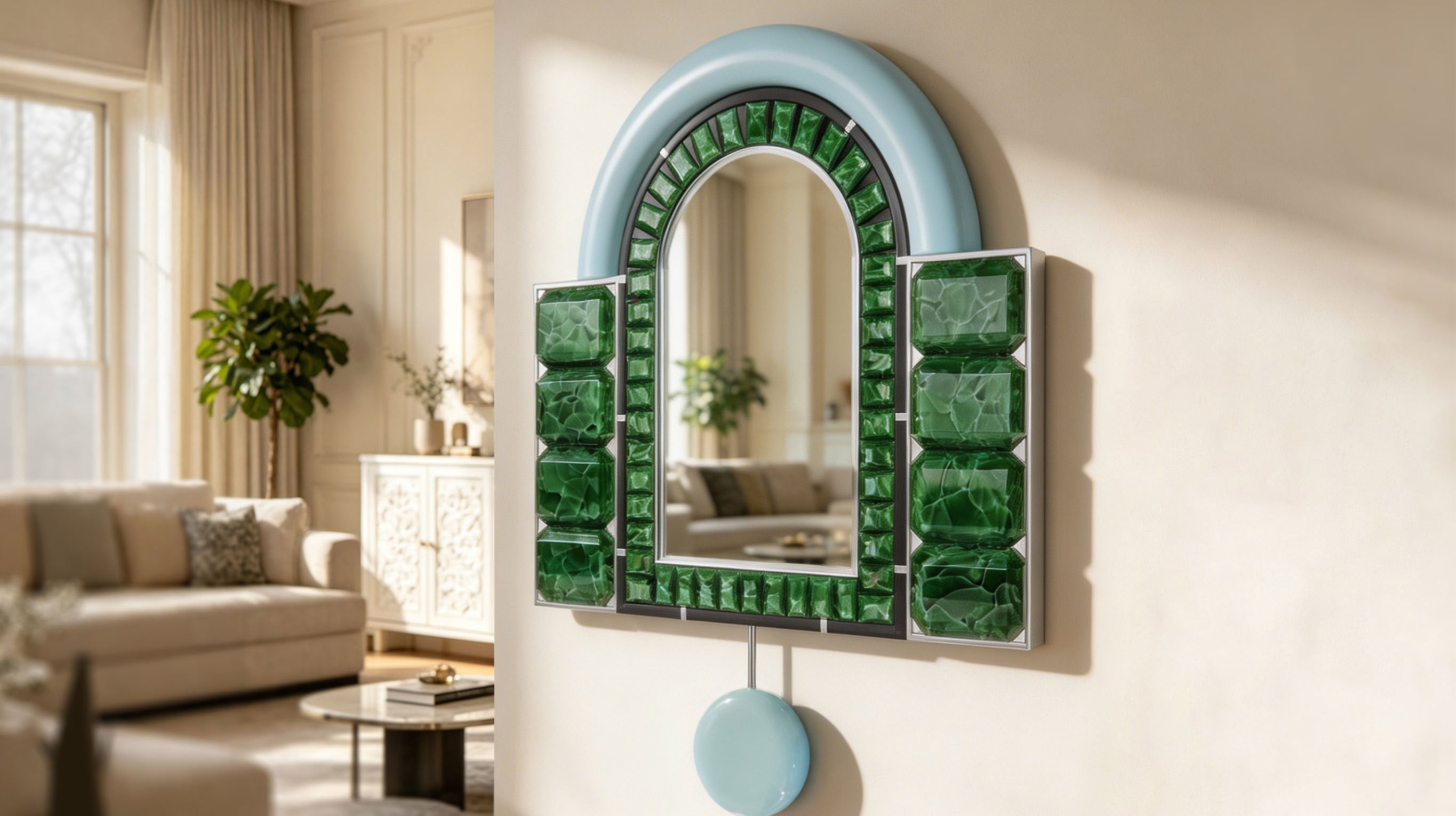 Close-up of the ARTAMORE Celebrity Mirror, highlighting the Art Deco jewelry frame design that breathes new life into recycled materials with a sophisticated, eco-conscious aesthetic.