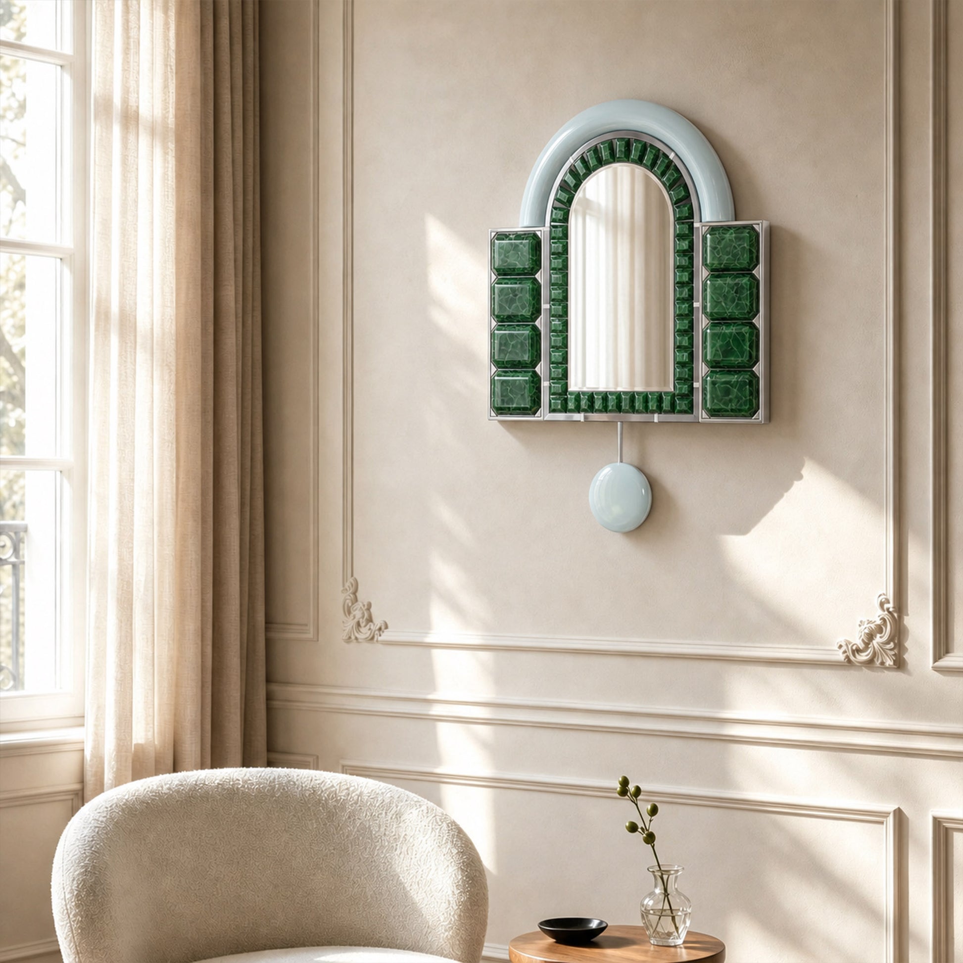 Artamore Celebrity Mirror styled on a living room wall with emerald glass frame and soft natural light.
