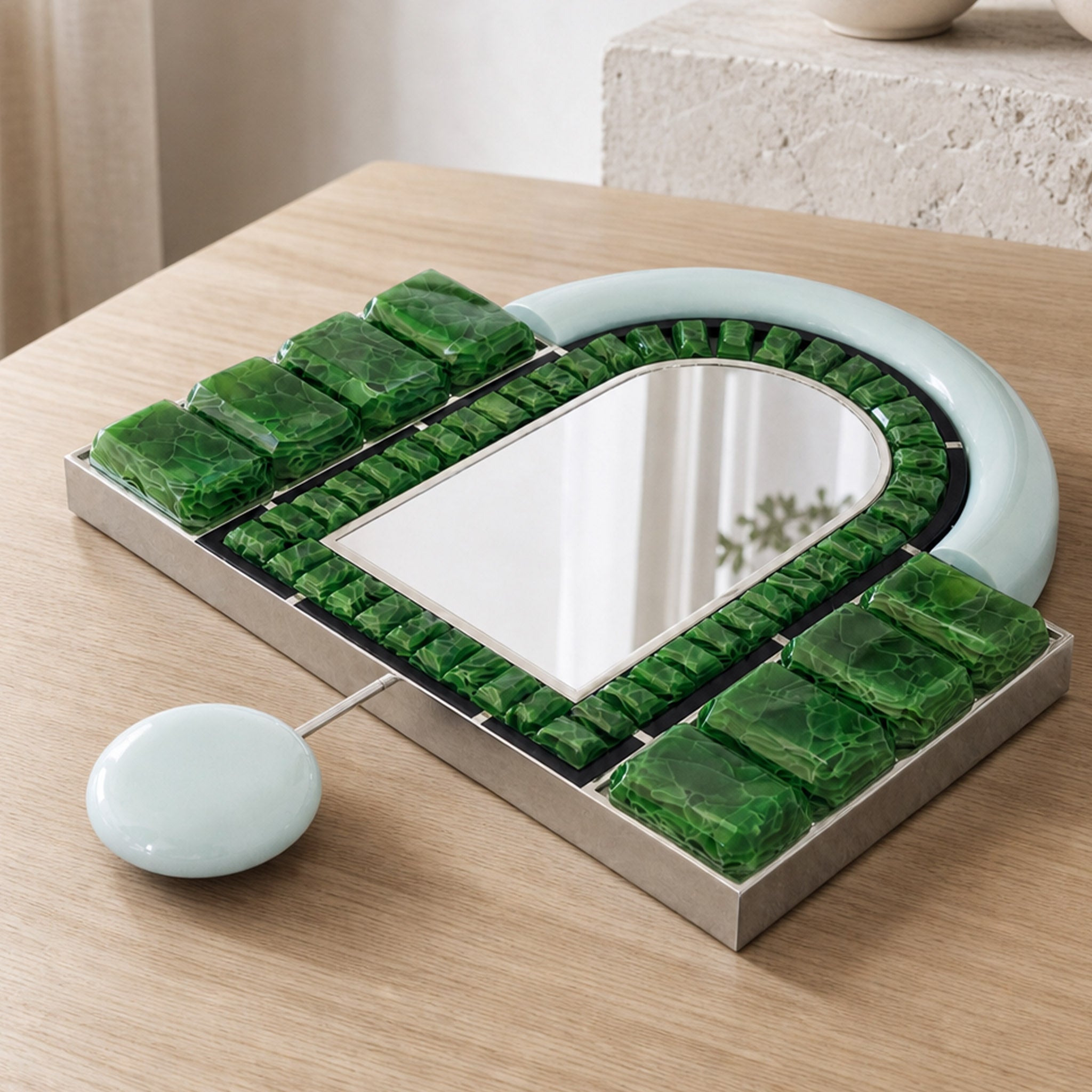 Top view of Artamore Celebrity Mirror with Art Deco green glass frame and integrated hanging accent.