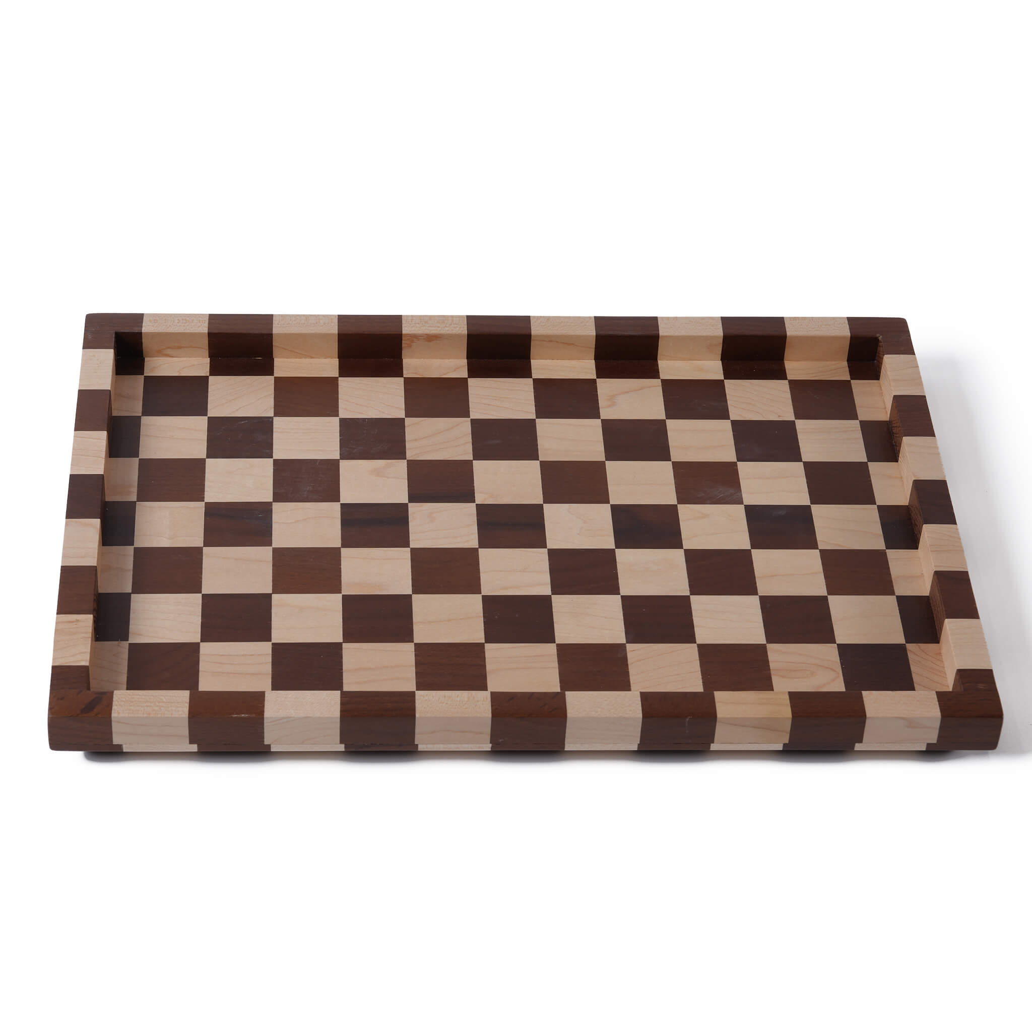 Top view of the ARTAMORE walnut and maple wooden checkerboard tray showcasing its classic geometric design