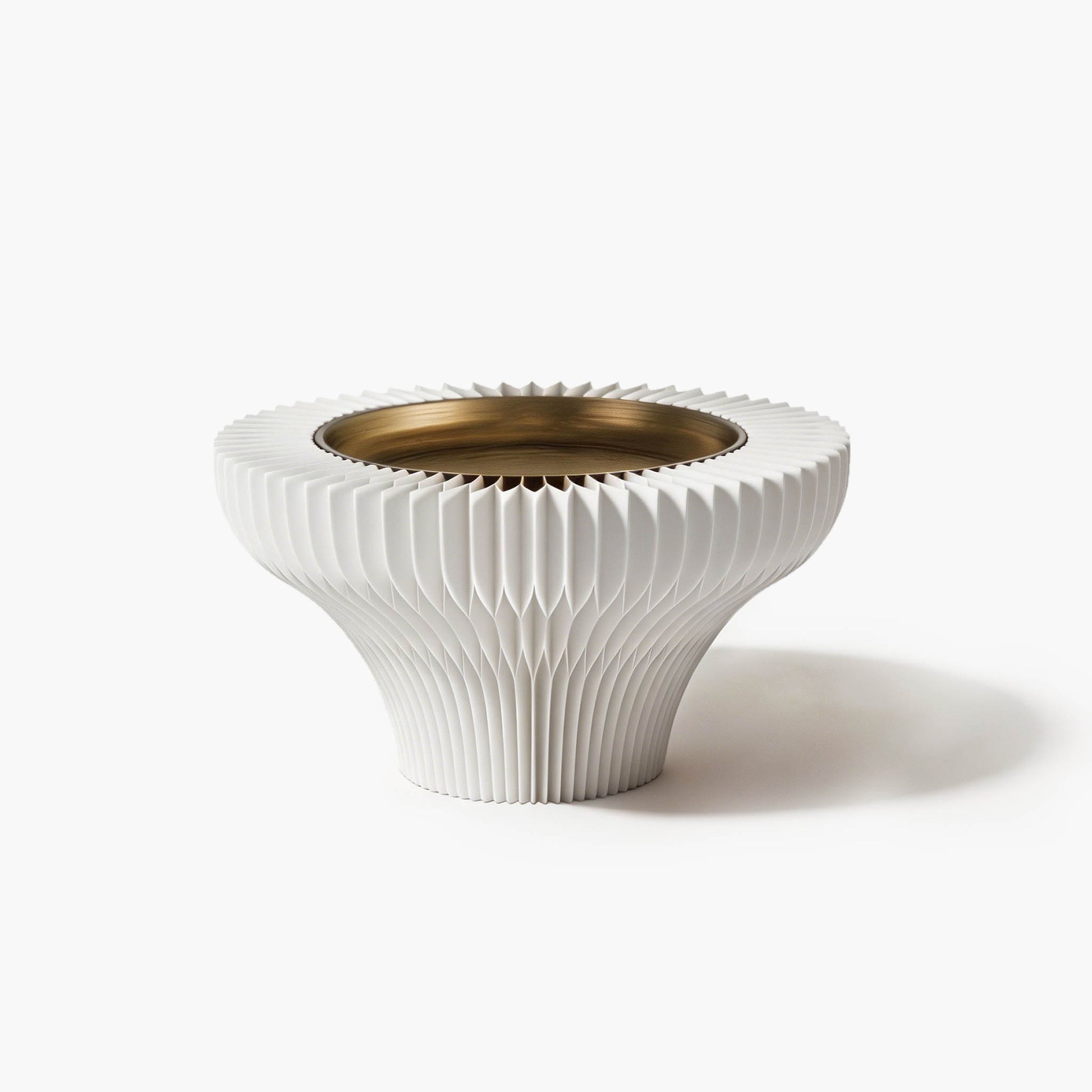 Minimalist white compact accordion pedestal tray with a sleek metal dish for effortless desktop styling.