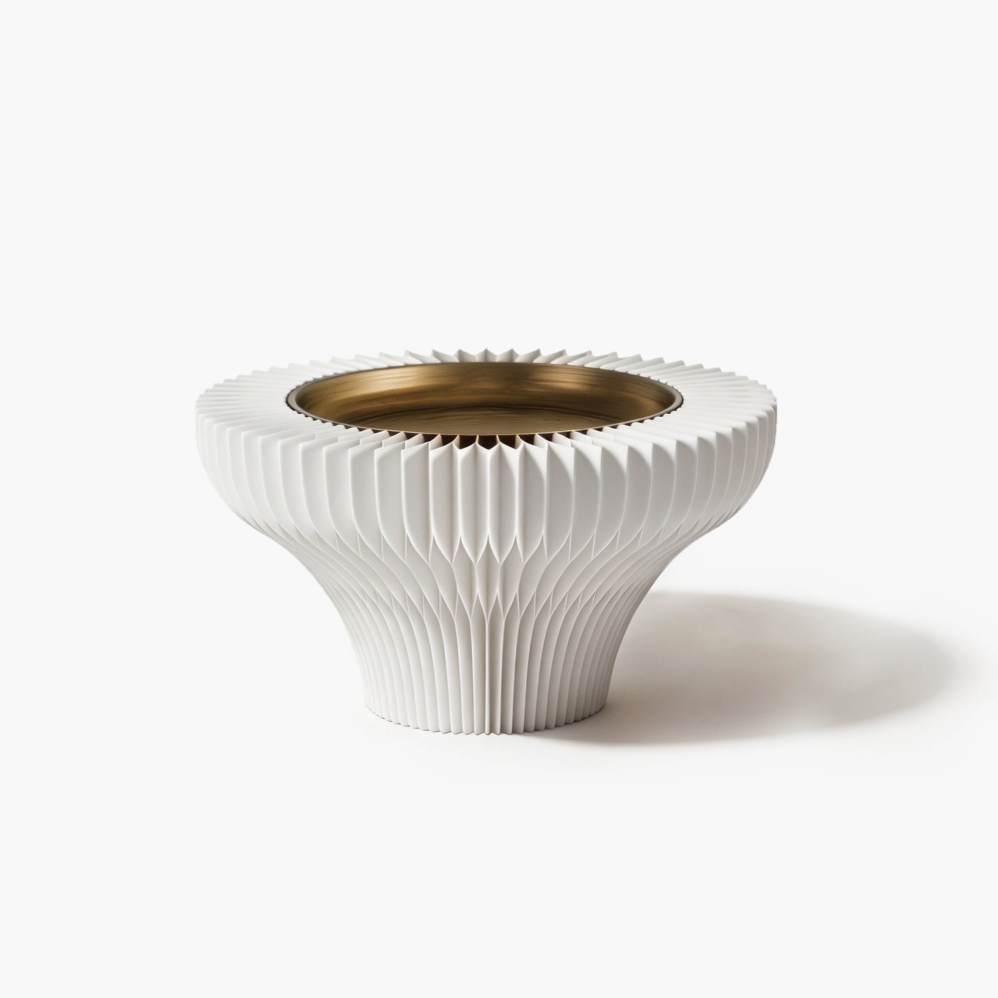Minimalist white compact accordion pedestal tray with a sleek metal dish for effortless desktop styling.