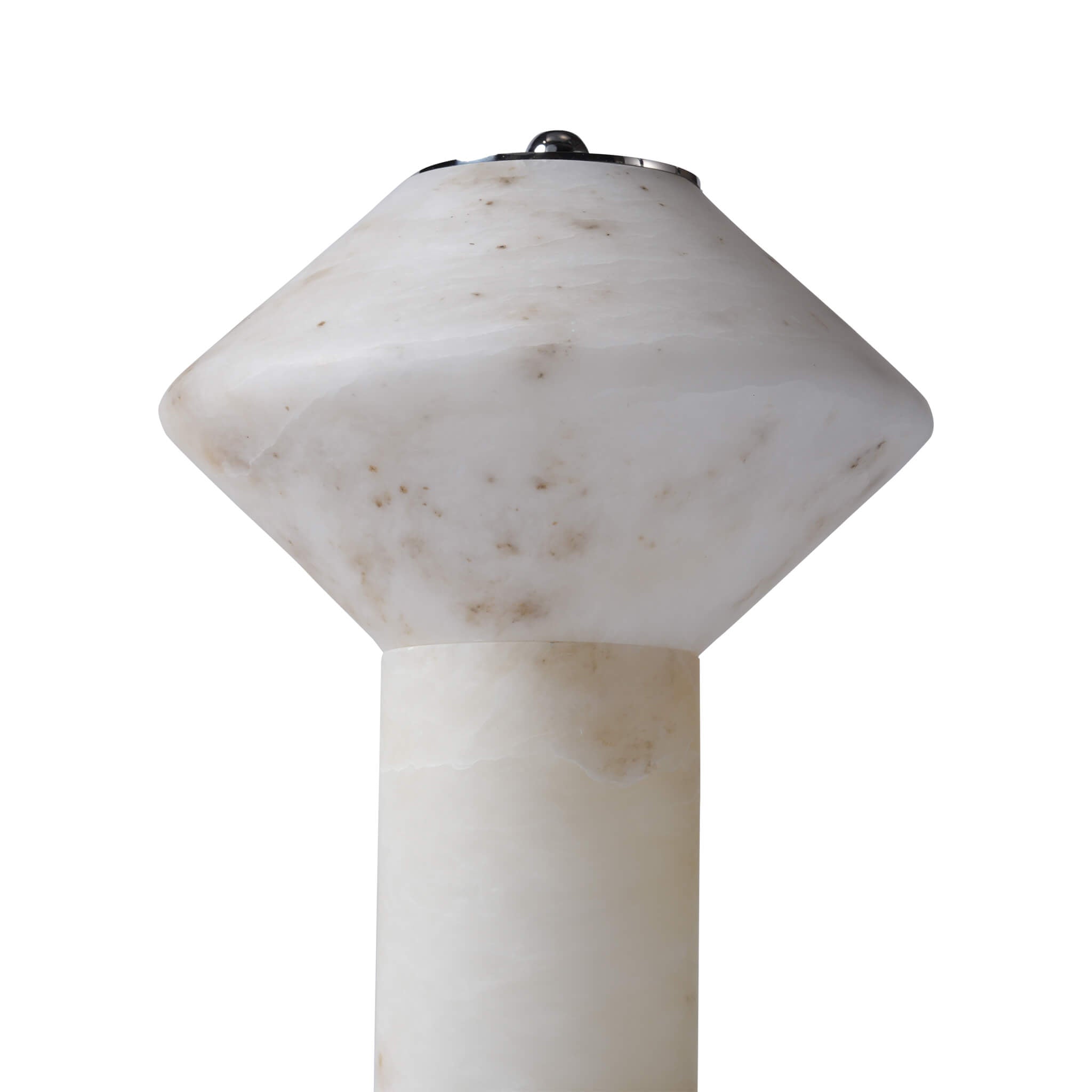 Close-up of the unlit natural marble texture on the cylindrical base, showcasing the unique grey and brown veining