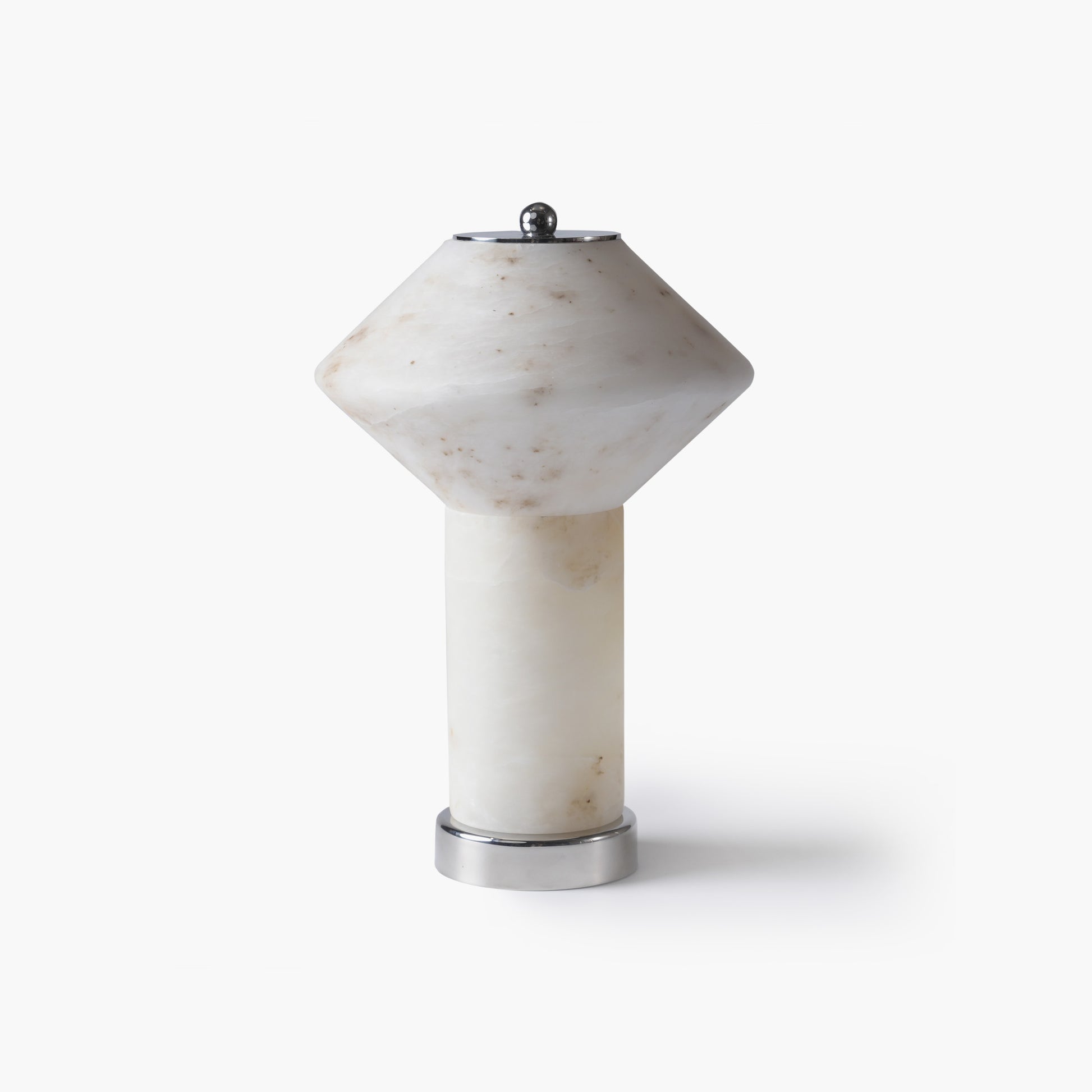 Front view of the unlit cordless alabaster table lamp showing natural stone veining and sleek metal base.