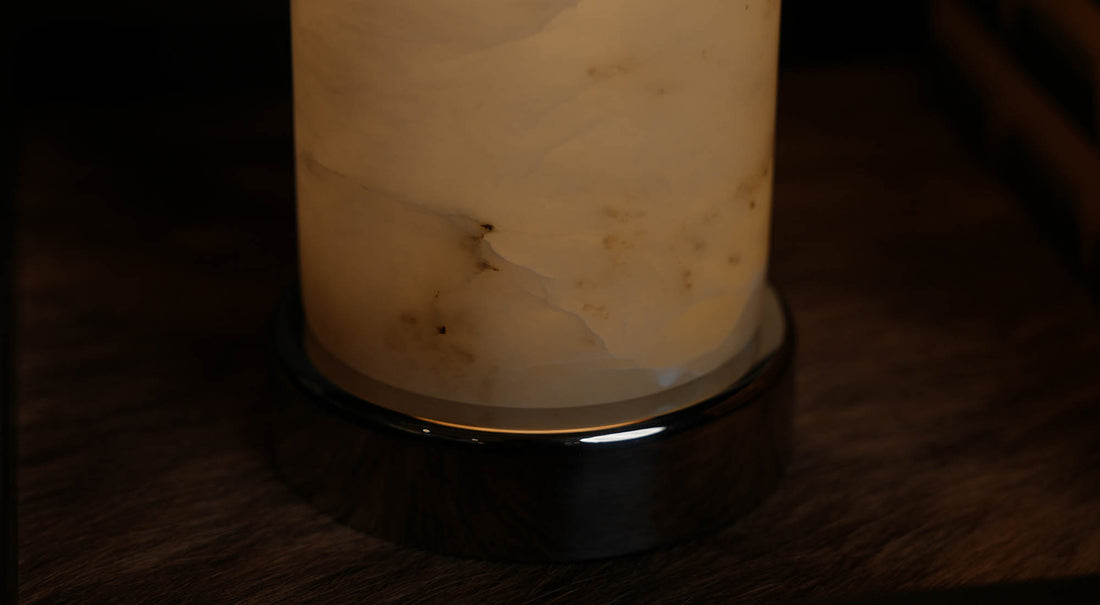 The artamore battery-operated marble lamp stands elegantly without wire constraints, providing a clean, minimalist lighting solution for any room.