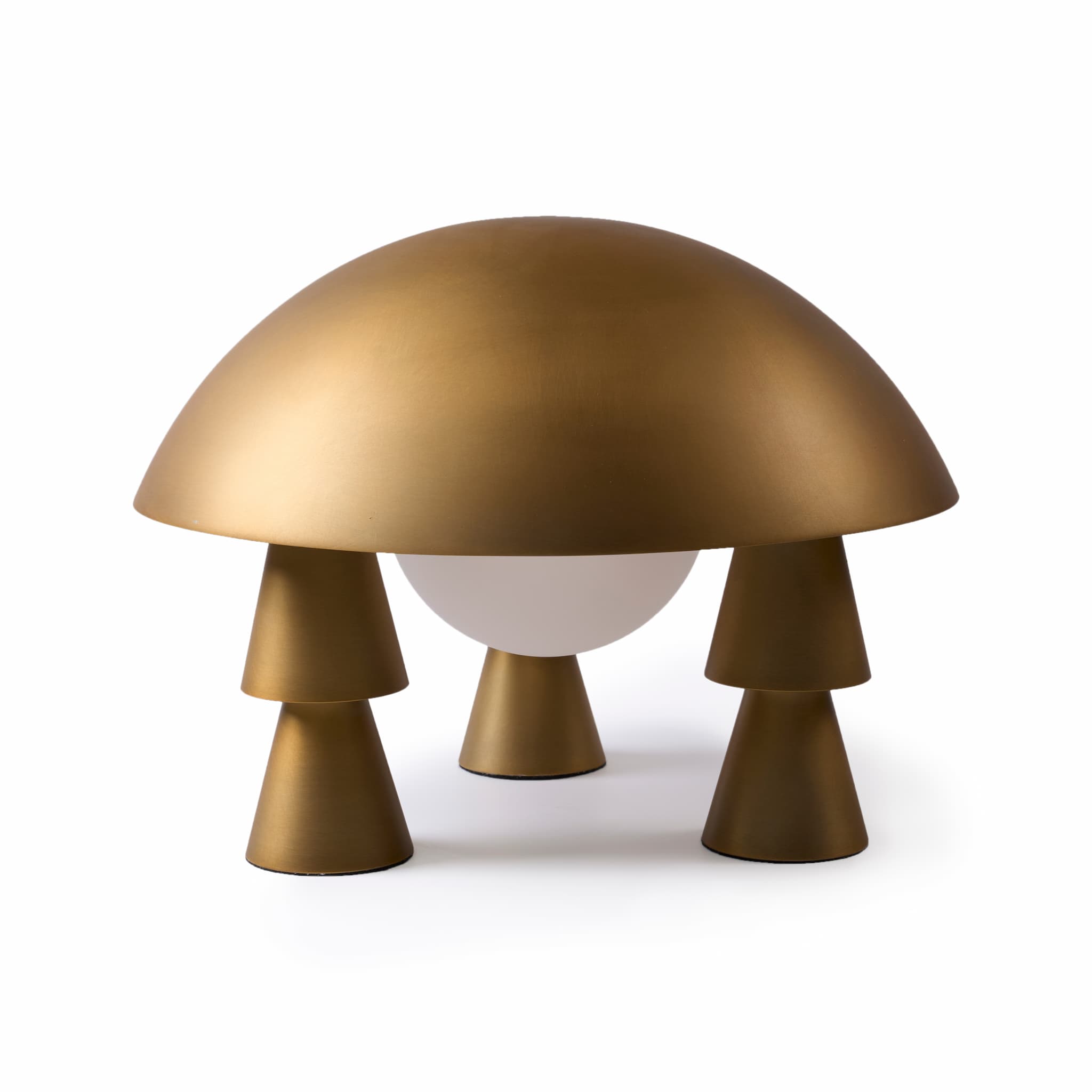 Front view of the cosmos-inspired cordless sculptural table lamp in an aged brass finish on a white background