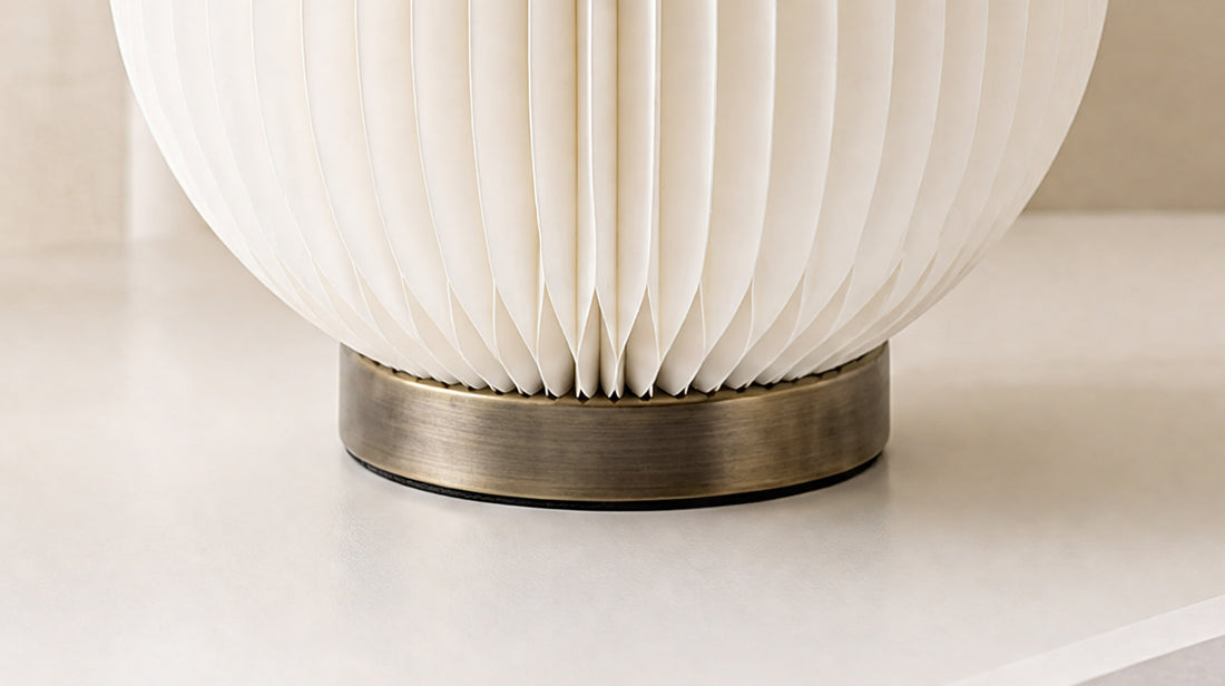 Close-up of the artamore Crescent Moon Desk Lamp, highlighting its eco-conscious honeycomb paper structure crafted from FSC-certified materials for a safe, sustainable modern home.