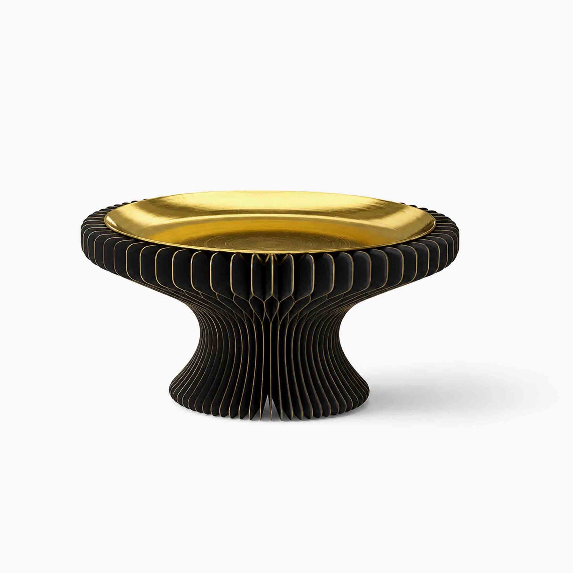 Designer gilded tray display riser in black kraft paper with gold trim by ARTAMORE.