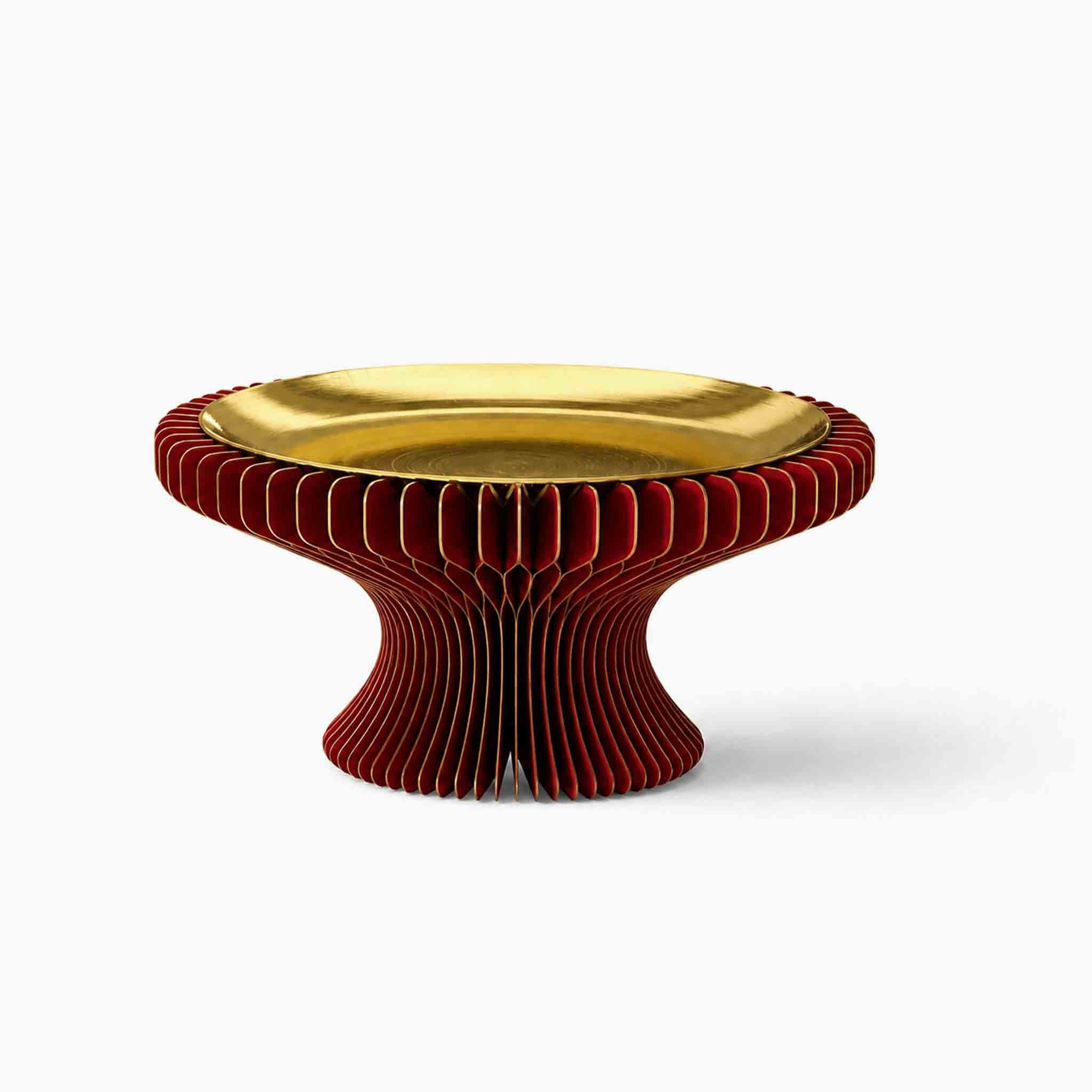 Designer gilded tray display riser in premium red with wide golden plate by ARTAMORE.