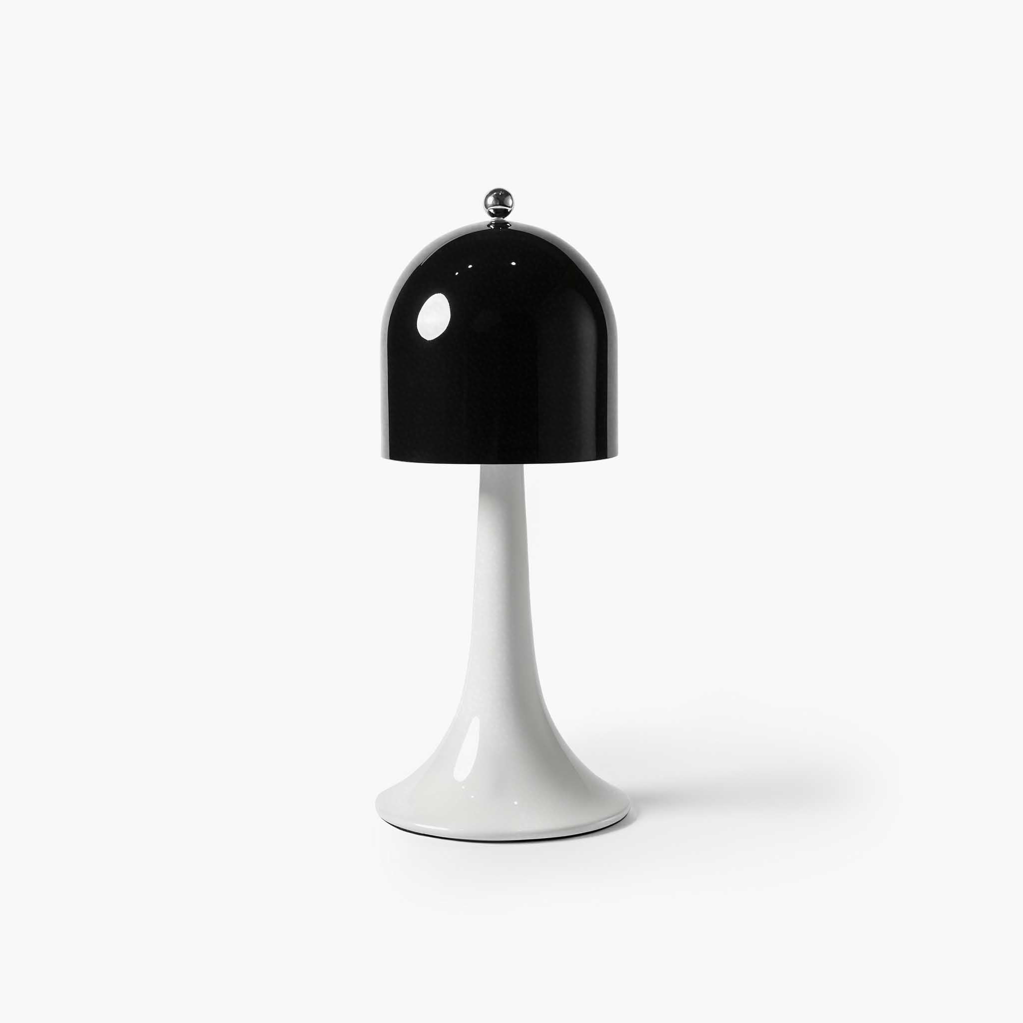 Front view of the ARTAMORE Ding Dong cordless touch table lamp in Aurora Black, featuring a smooth metal bell-shaped shade