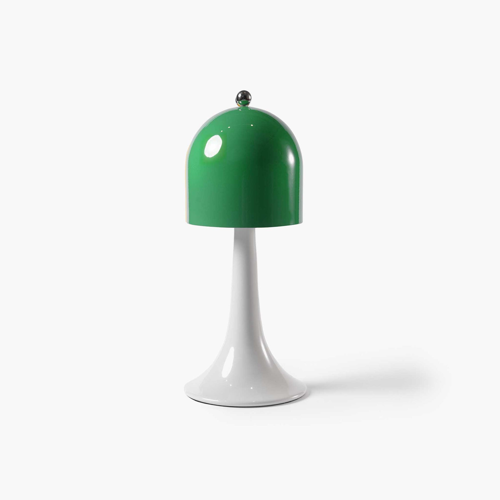 Front view of the ARTAMORE Ding Dong cordless touch table lamp in Waken Green, featuring a smooth metal bell-shaped shade