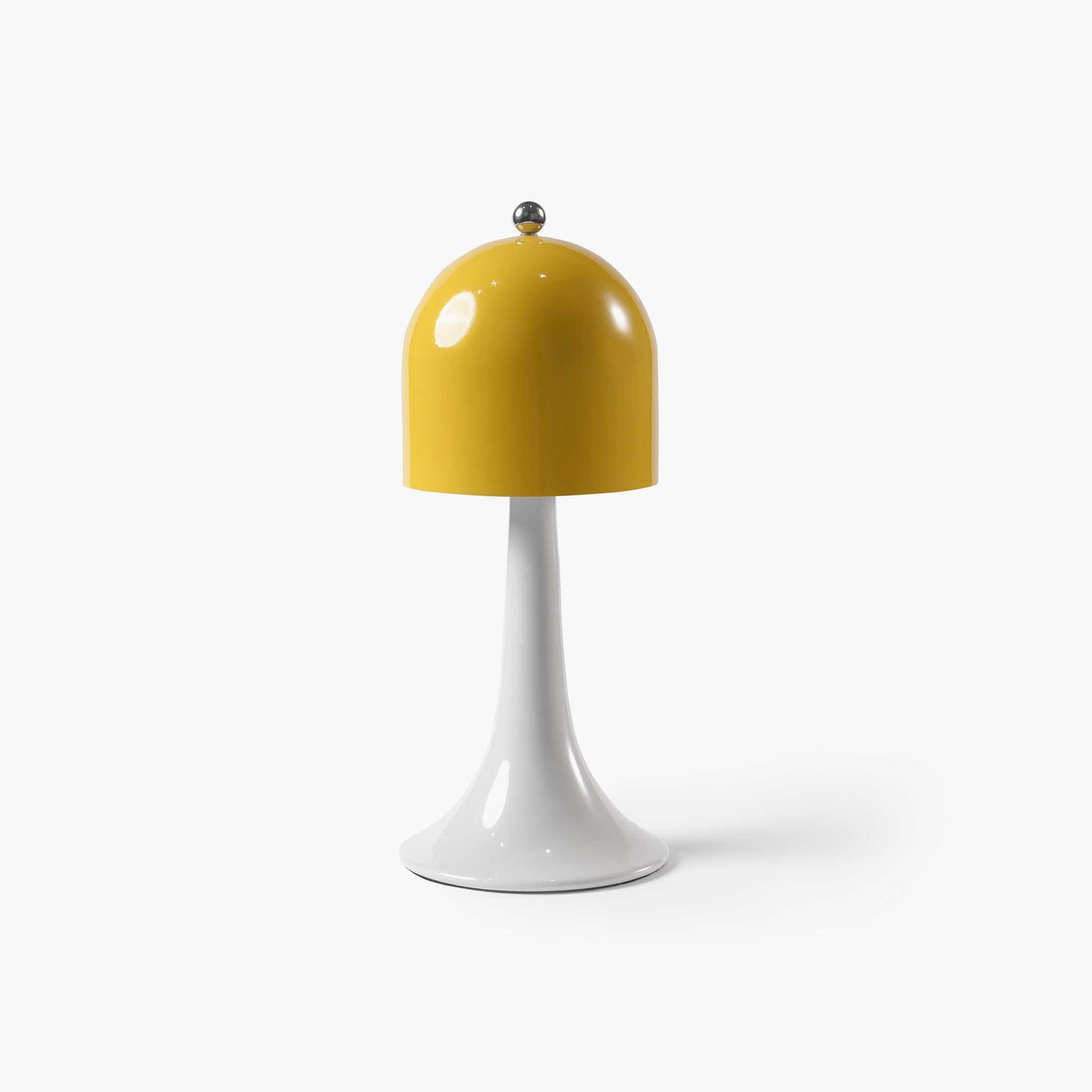 Front view of the ARTAMORE Ding Dong cordless touch table lamp in Ardour Yellow, featuring a smooth metal bell-shaped shade