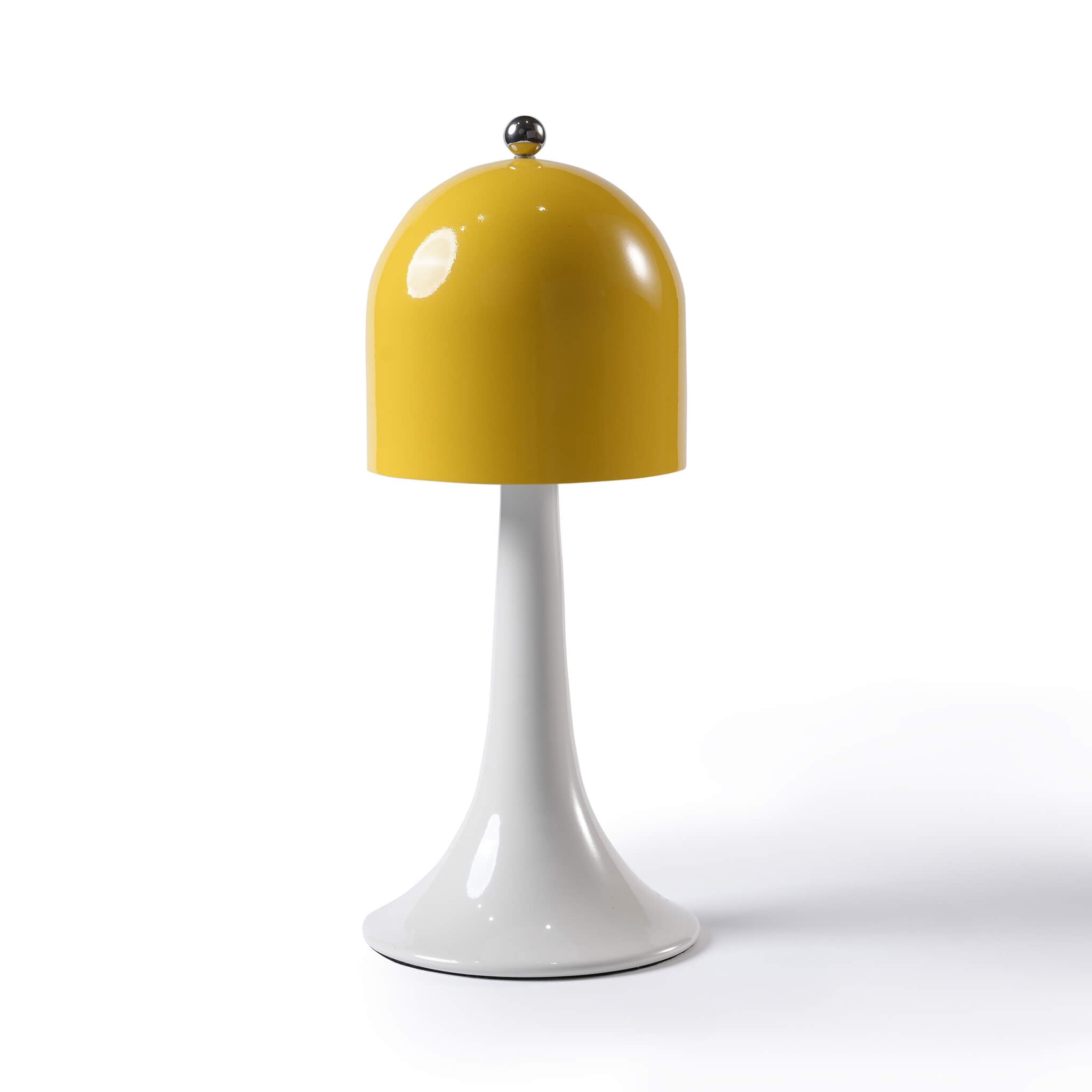 Front view of the ARTAMORE Ding Dong cordless touch table lamp in Ardour Yellow, featuring a smooth metal bell-shaped shade