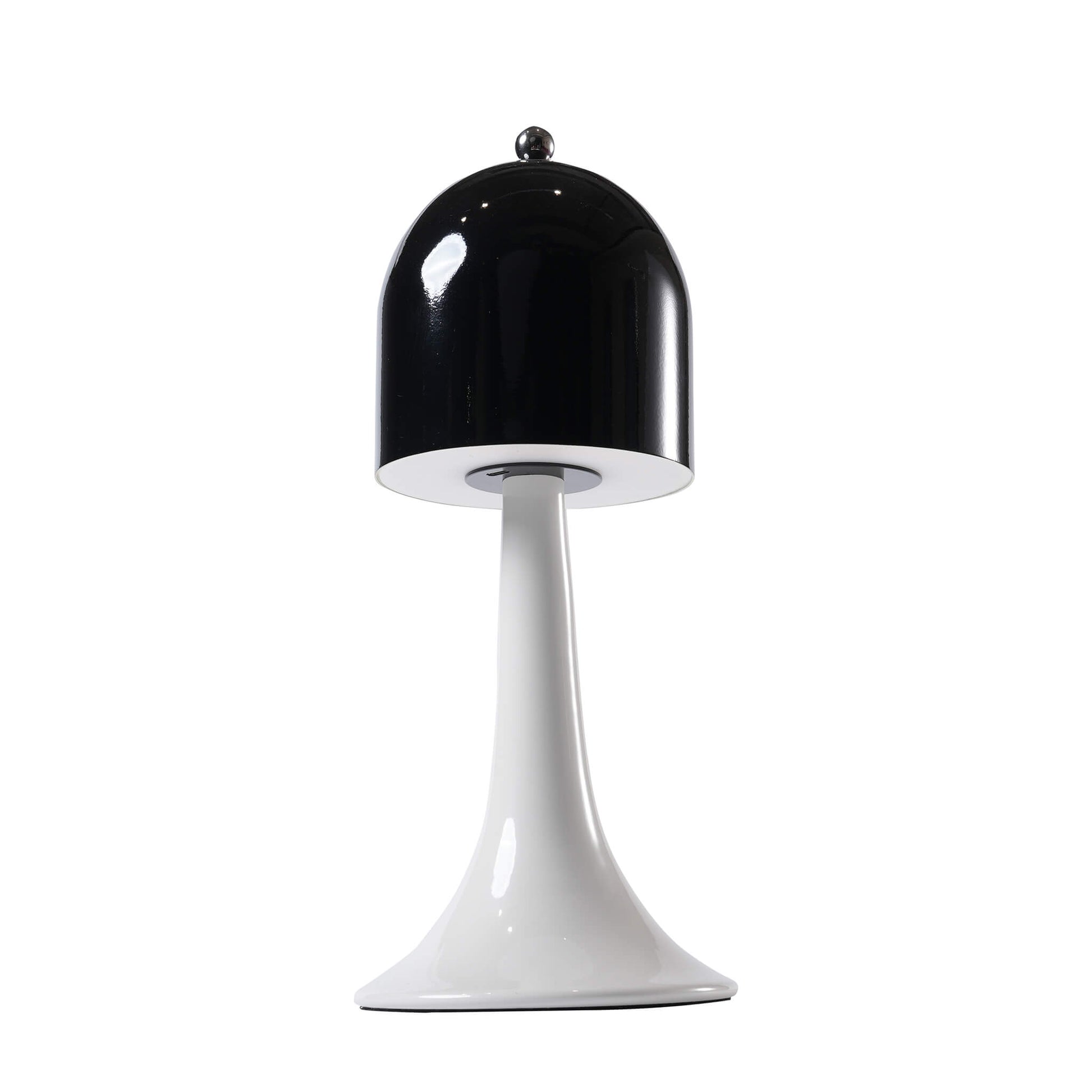 View underneath the black detachable lampshade showcasing the discrete Type-C charging port of the portable metal nightstand light