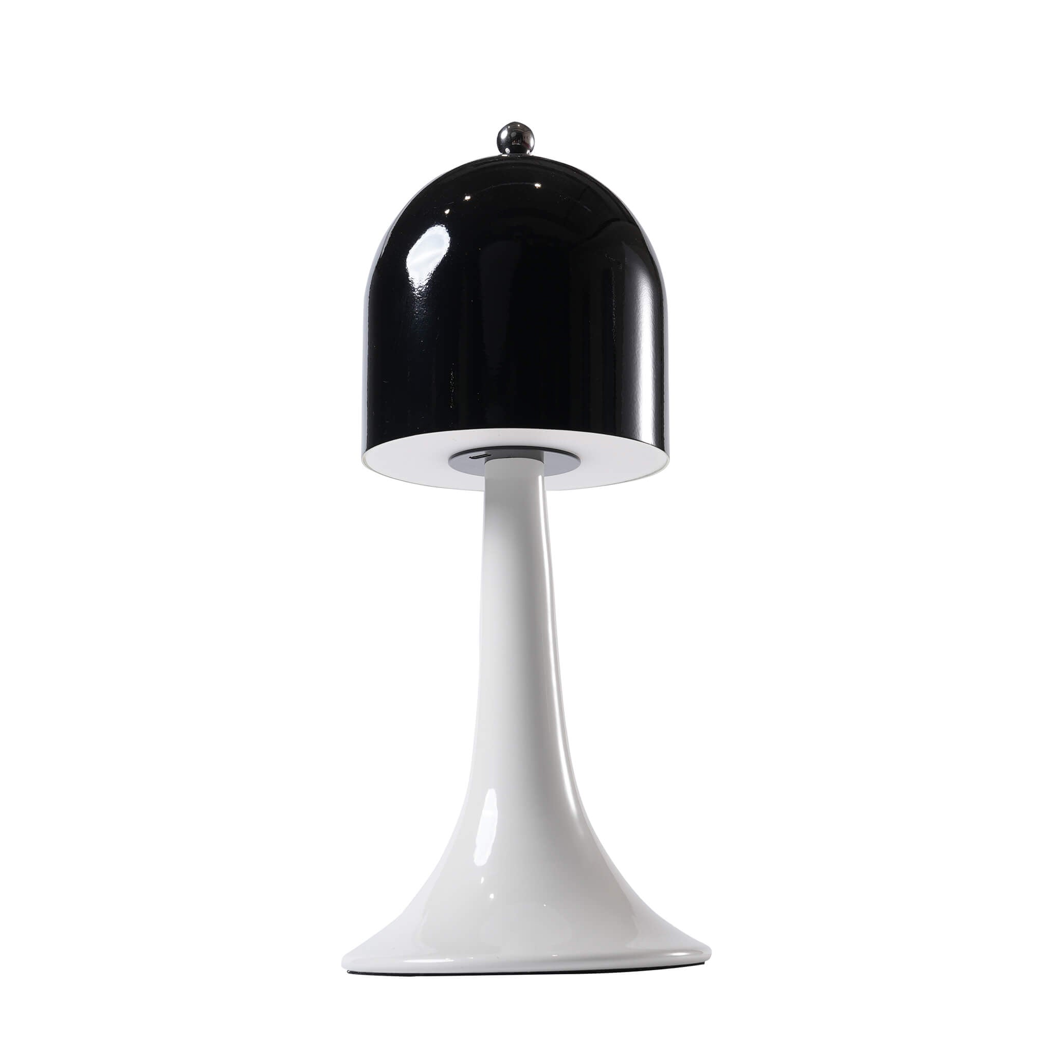 View underneath the black detachable lampshade showcasing the discrete Type-C charging port of the portable metal nightstand light
