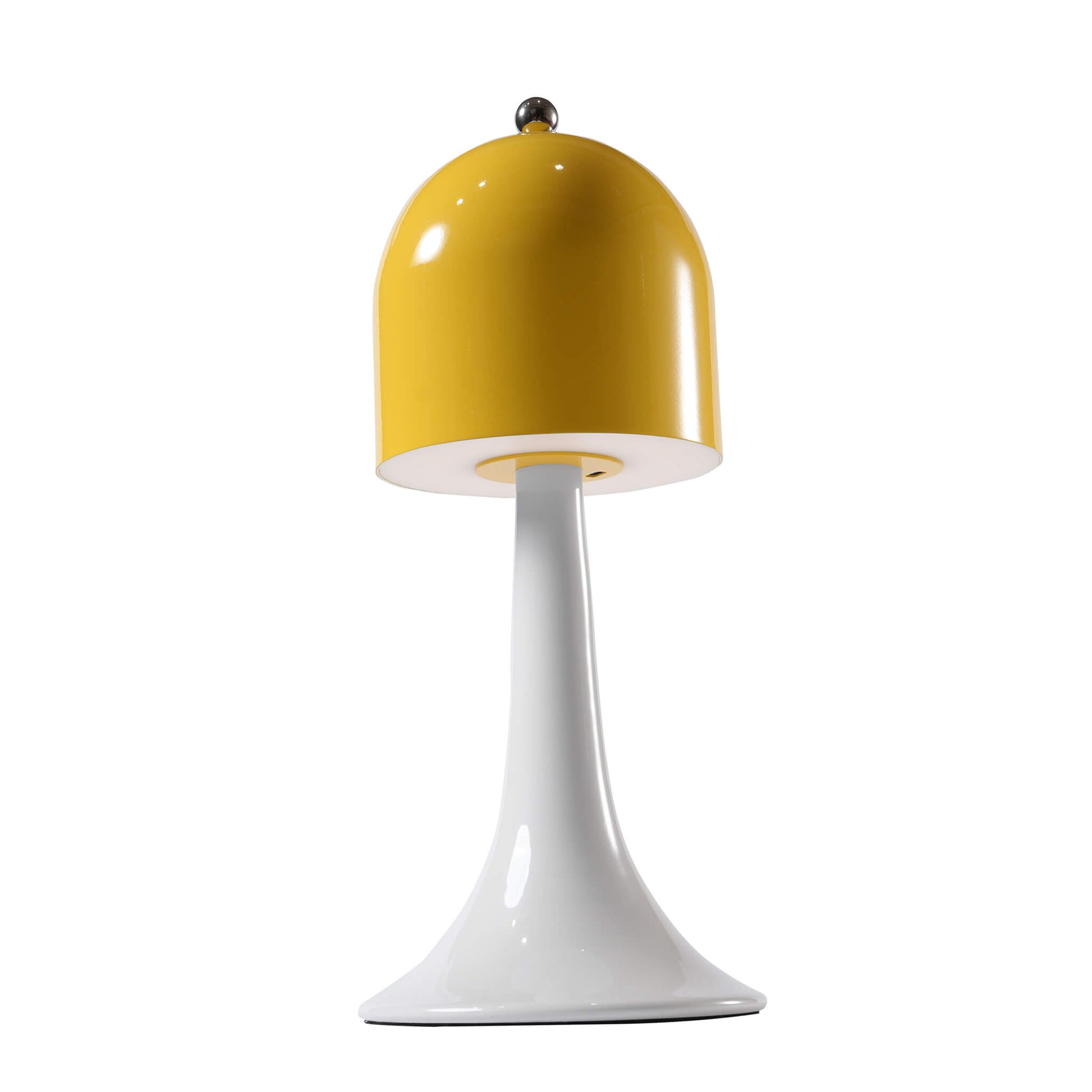 View underneath the yellow detachable lampshade showcasing the discrete Type-C charging port of the portable metal nightstand light