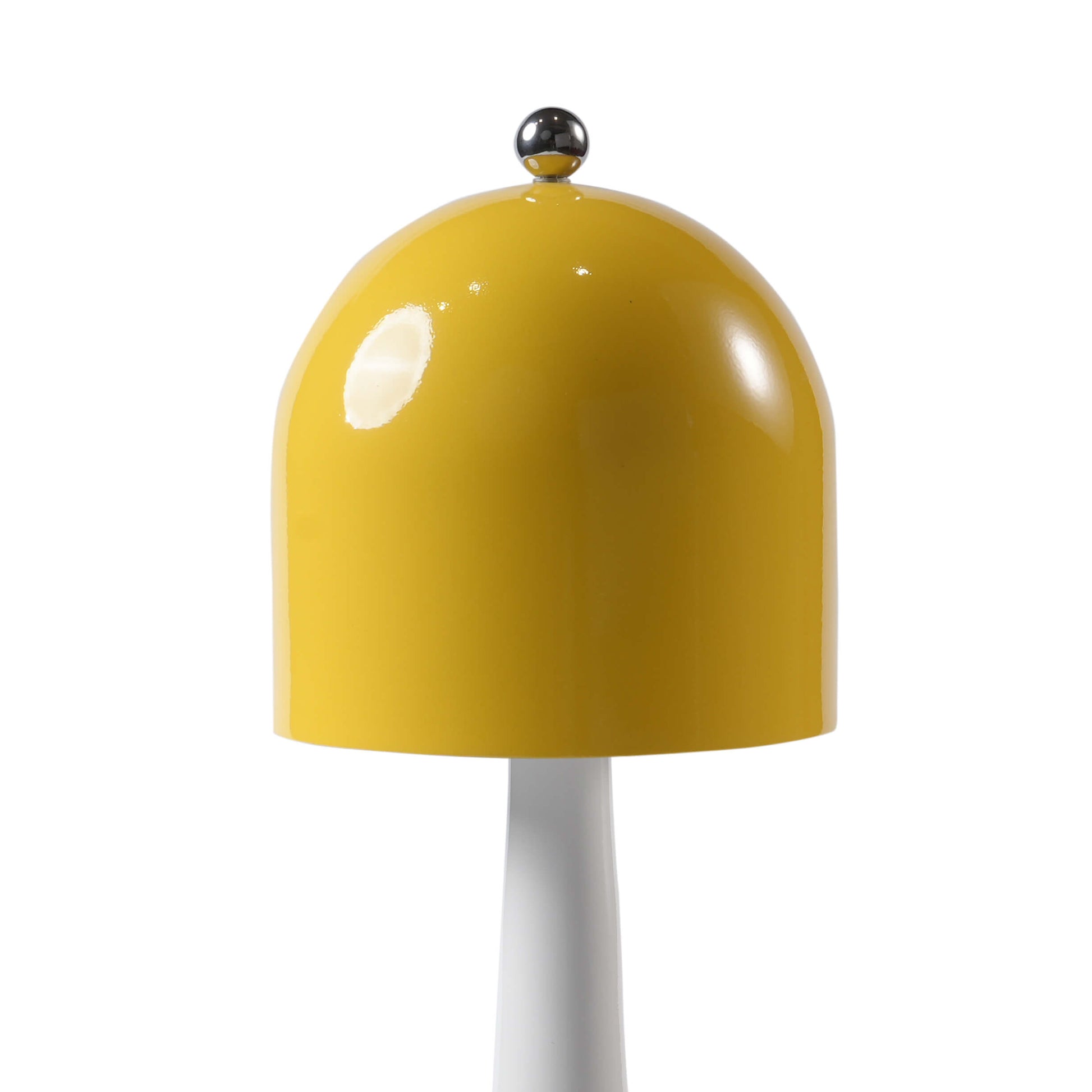 Close-up of the spherical metal touch switch atop the yellow lampshade of the rechargeable modern desk lamp
