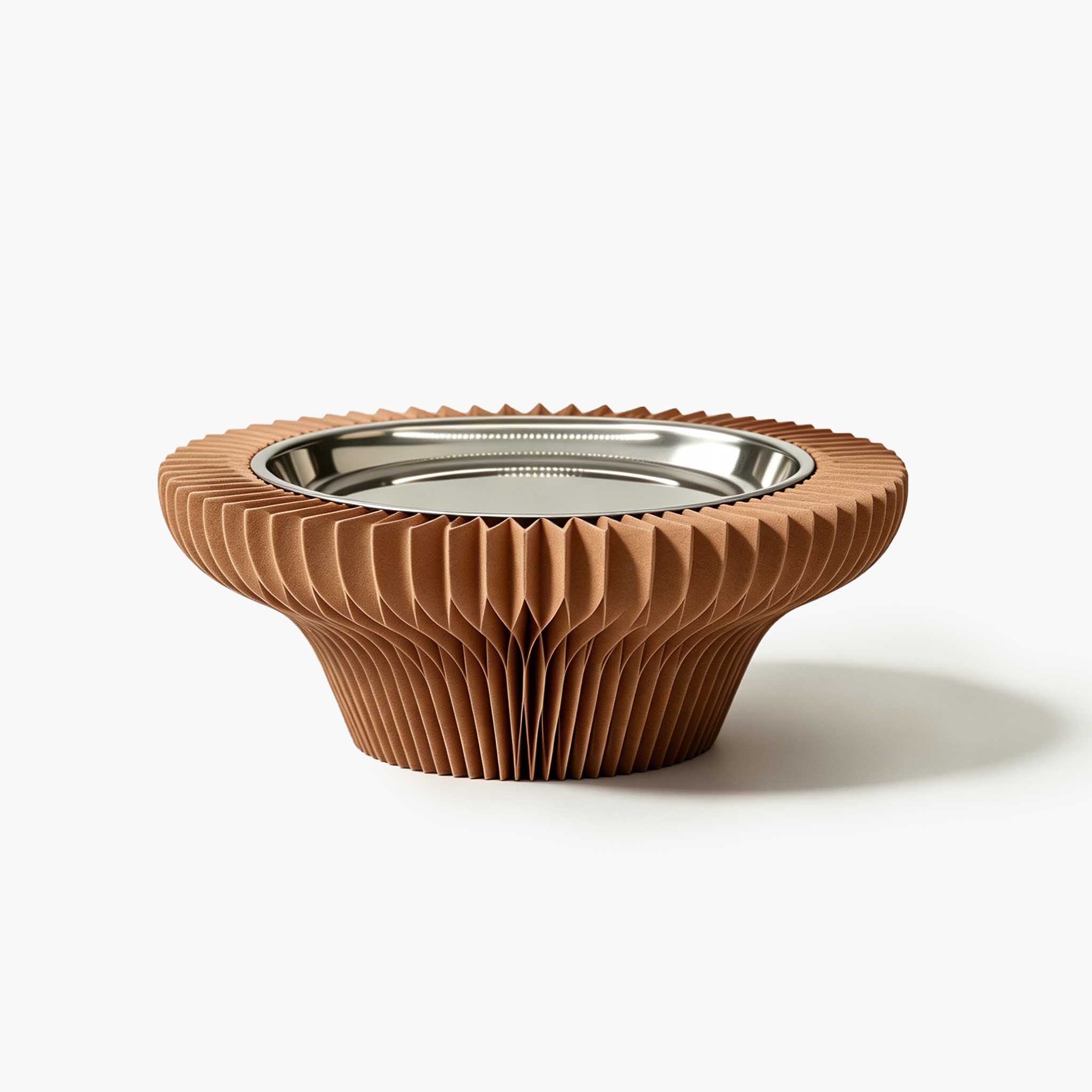 Warm brown eco-friendly tabletop jewelry display blending geometric paper craft and sleek metal.