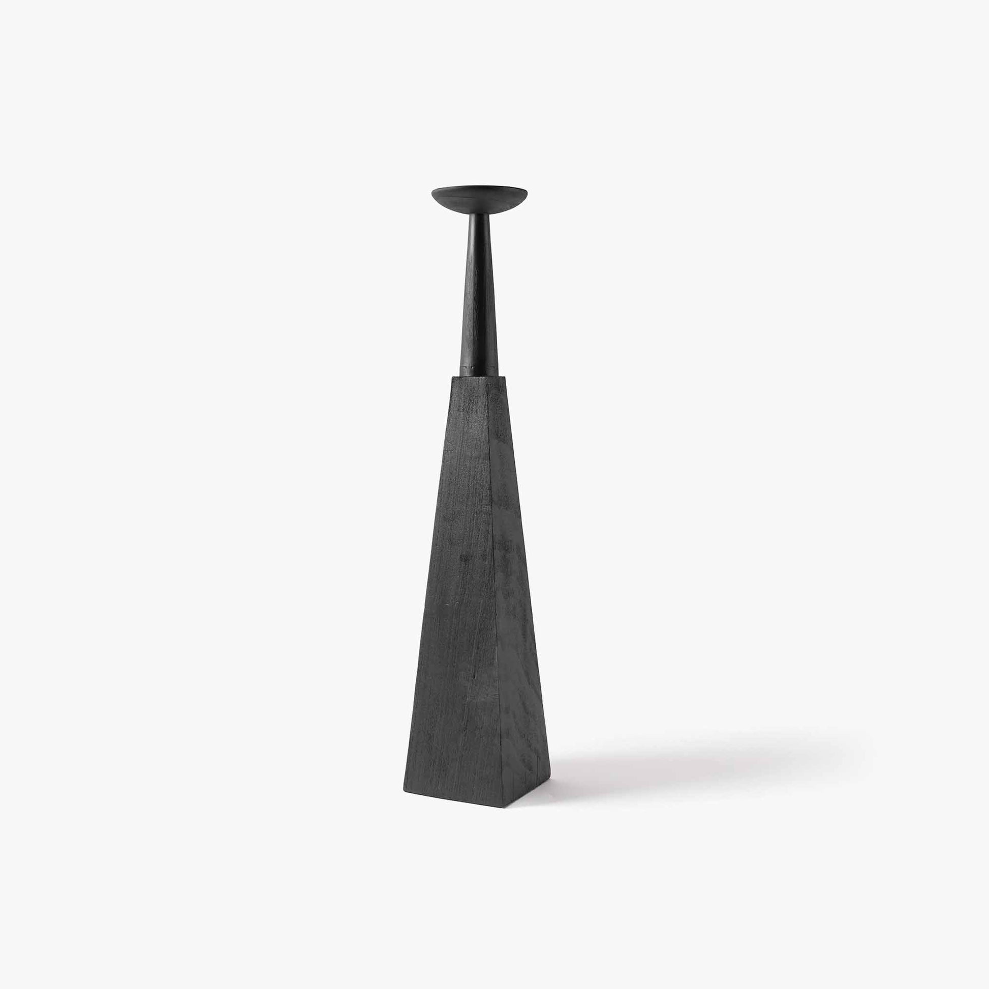 Tall geometric carbonized wood floor candle holder with vintage distressed finish