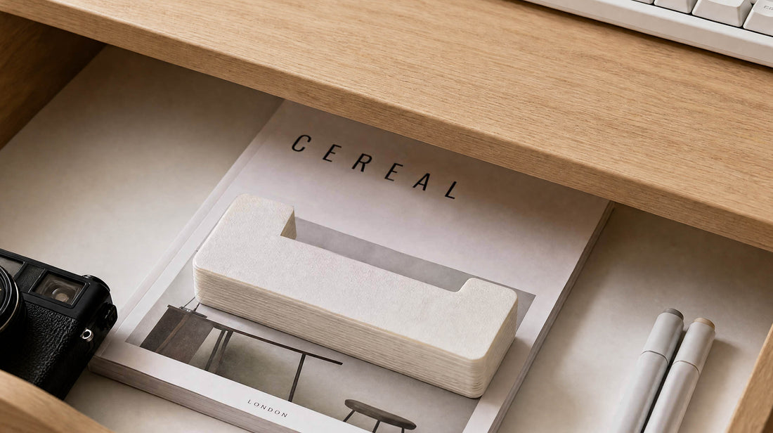 Macro photography of the artamore foldable desk lamp, highlighting its clever magnetic closure that allows the shade to collapse to just 3 centimeters thick for easy drawer storage.