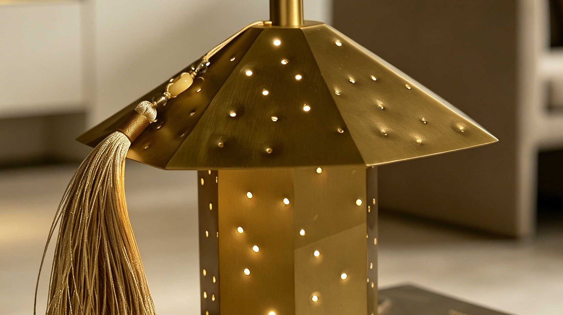 Exquisite details of the artamore geometric star lamp, emphasizing the handmade hammered hole craftsmanship that creates a unique layered shadow effect.